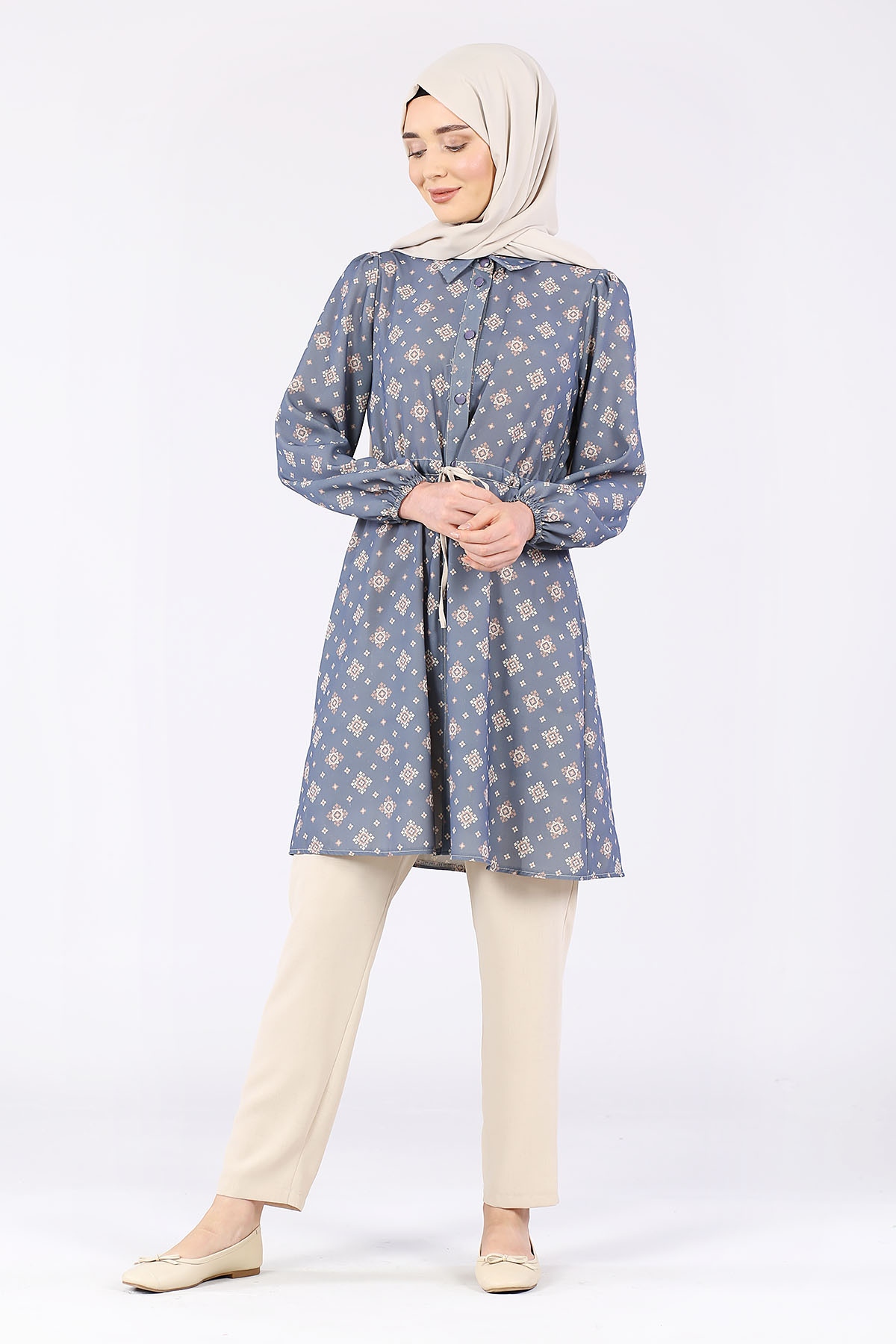 Önü Kuşaklı Pantolonlu Takım Mavi - 2