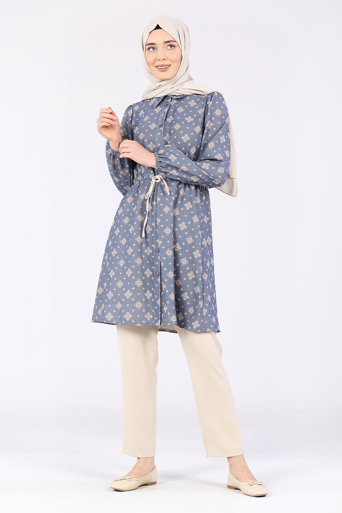 Önü Kuşaklı Pantolonlu Takım Mavi - 3