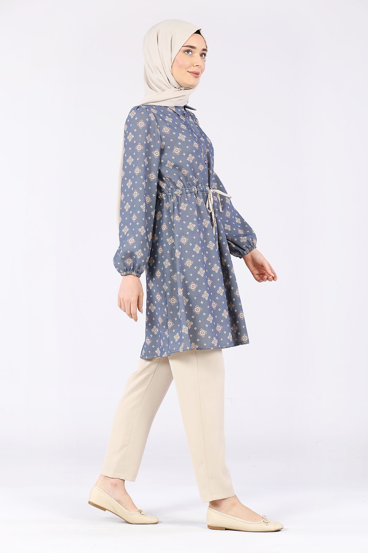 Önü Kuşaklı Pantolonlu Takım Mavi - 4