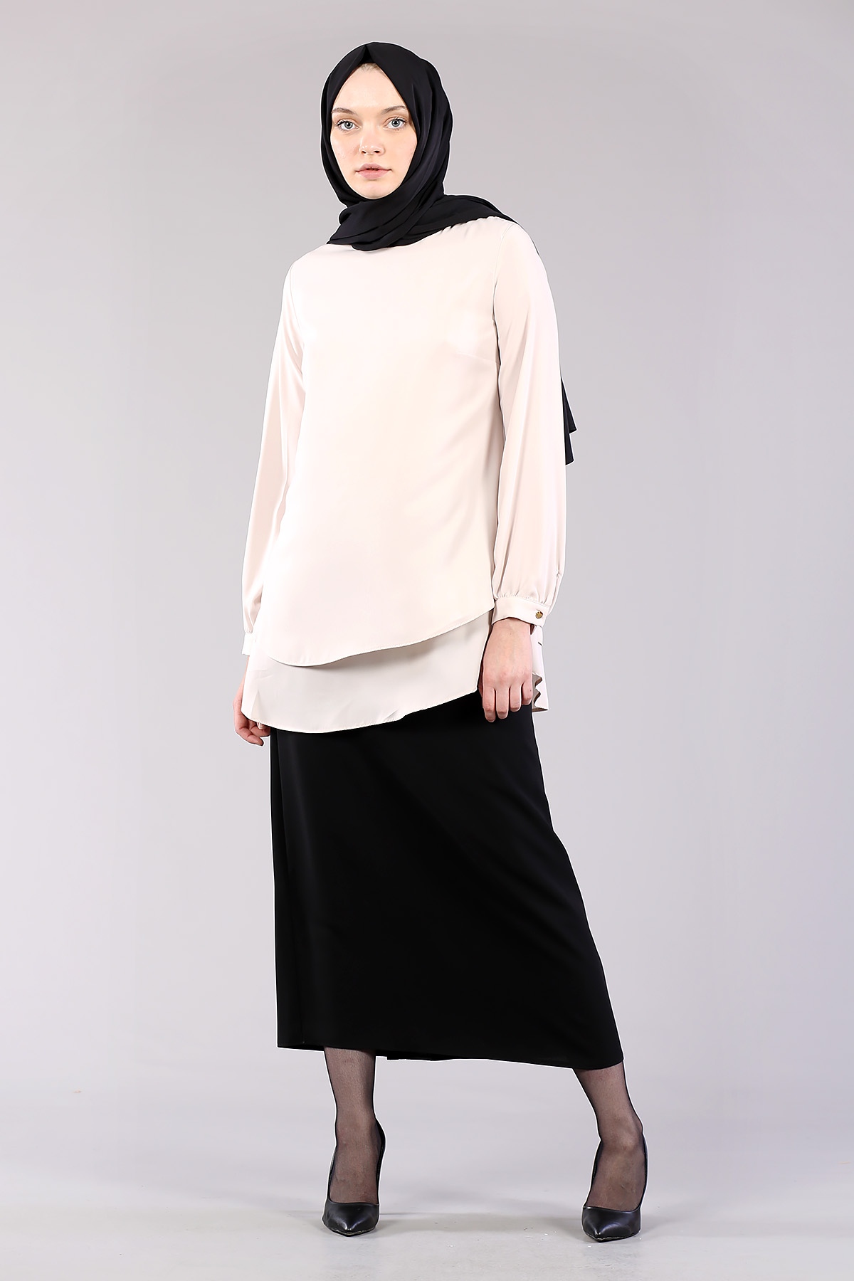 7385 çift Kat Bluz 40-48 - Bej - 1