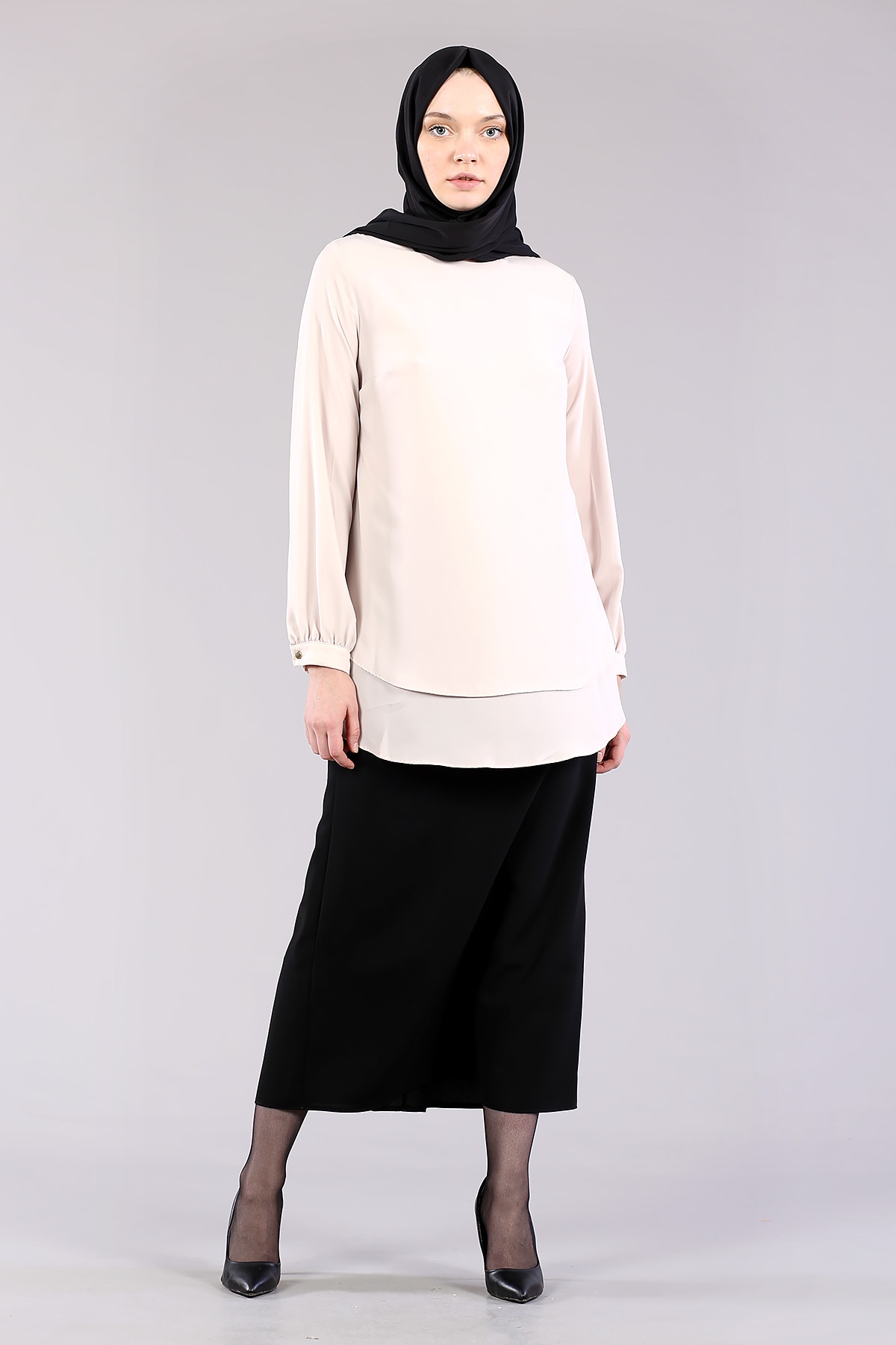 7385 çift Kat Bluz 40-48 - Bej - 3