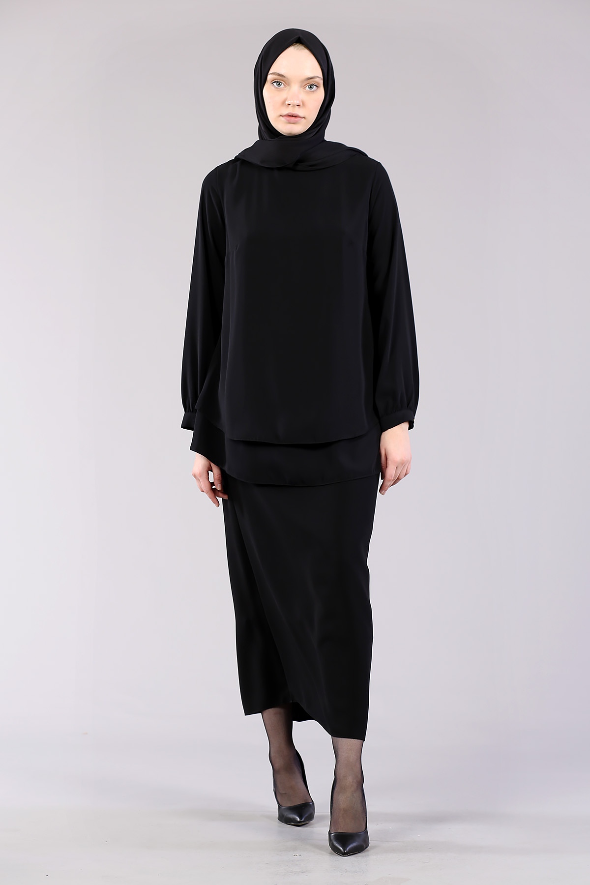 7385 çift Kat Bluz 40-48 - Siyah - 1