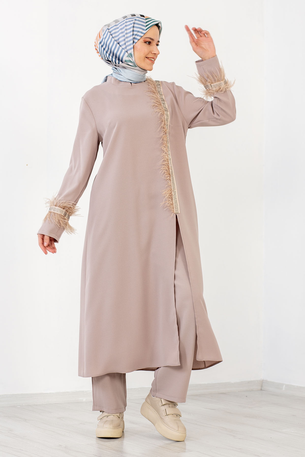 7561 2 Li Tüylü Takim 42-50 - Bej - 3