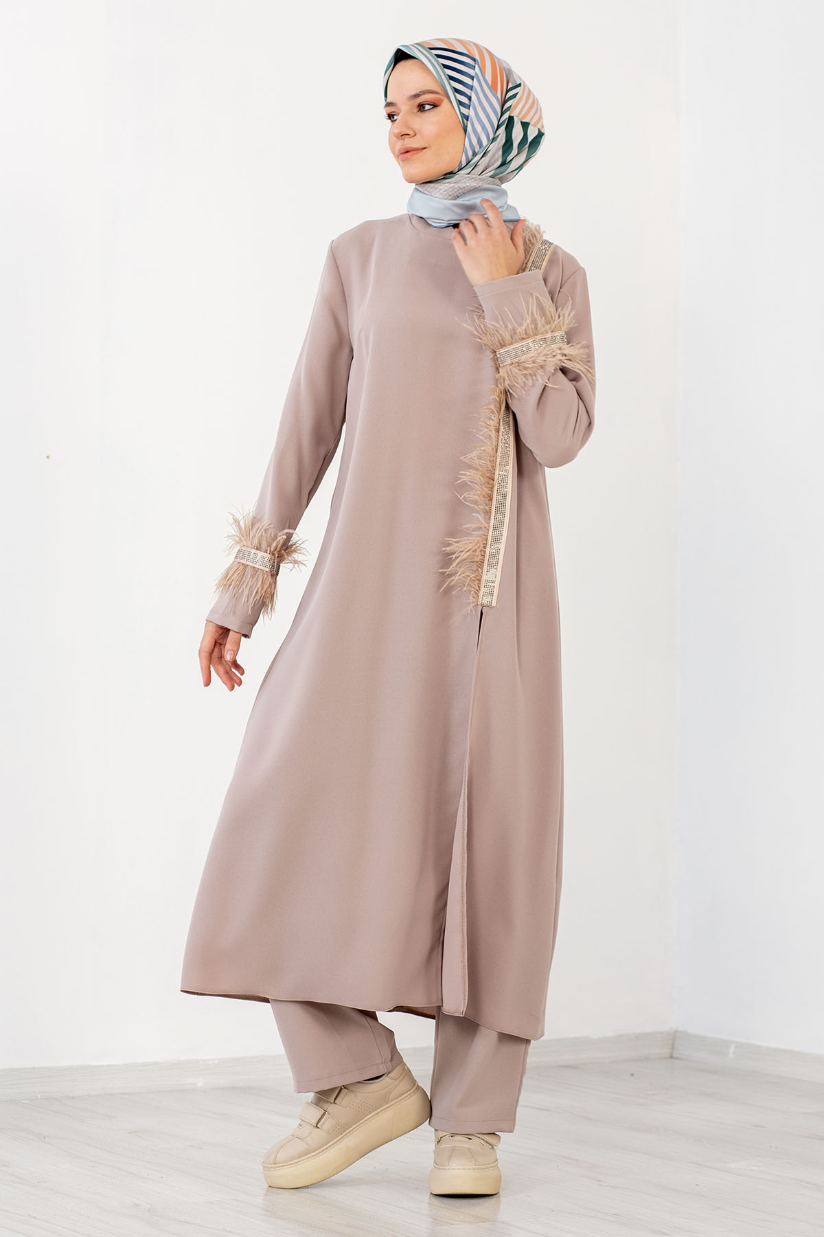 7561 2 Li Tüylü Takim 42-50 - Bej - 4