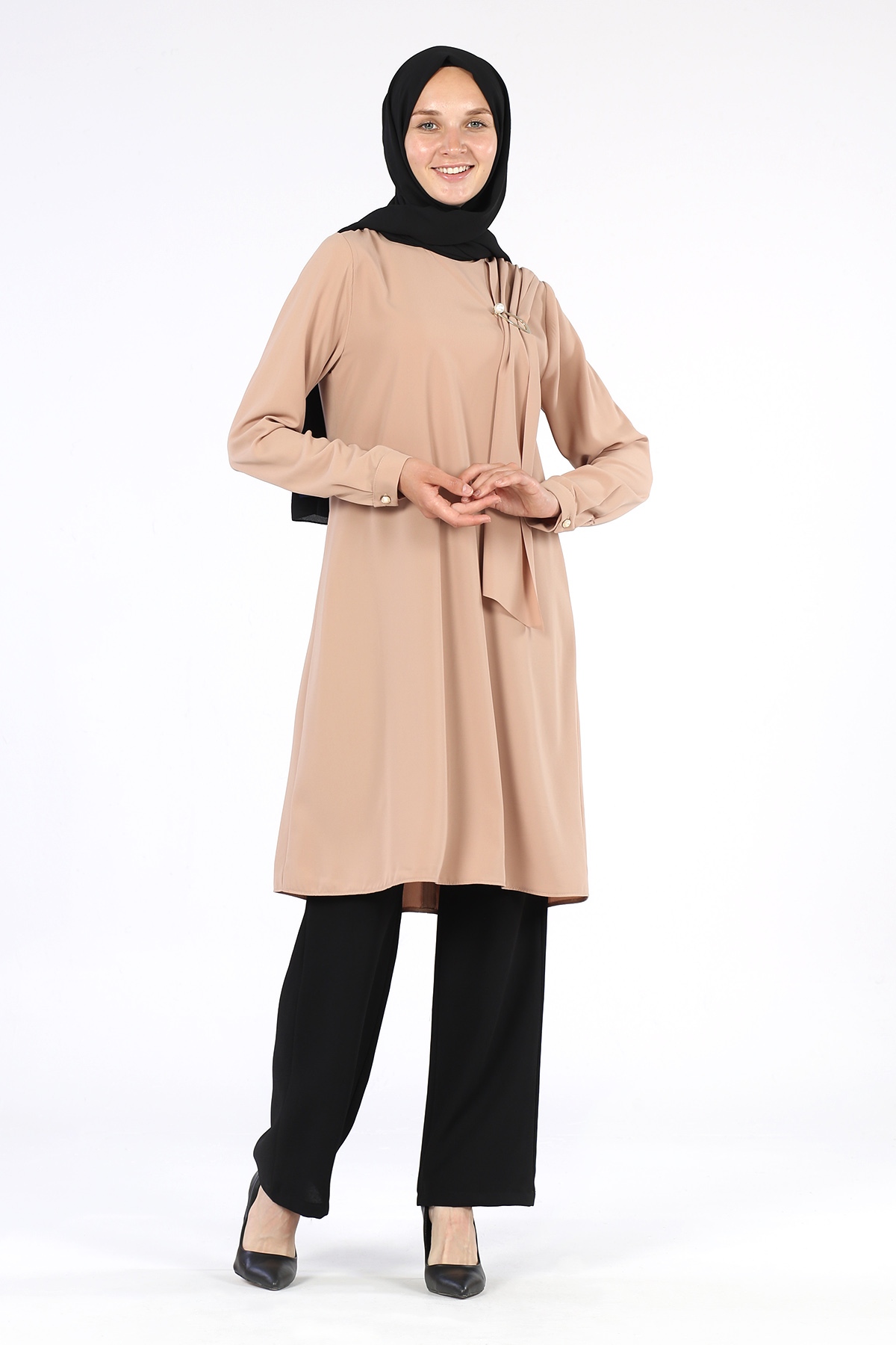 Broş Detaylı Tunik Camel - 1
