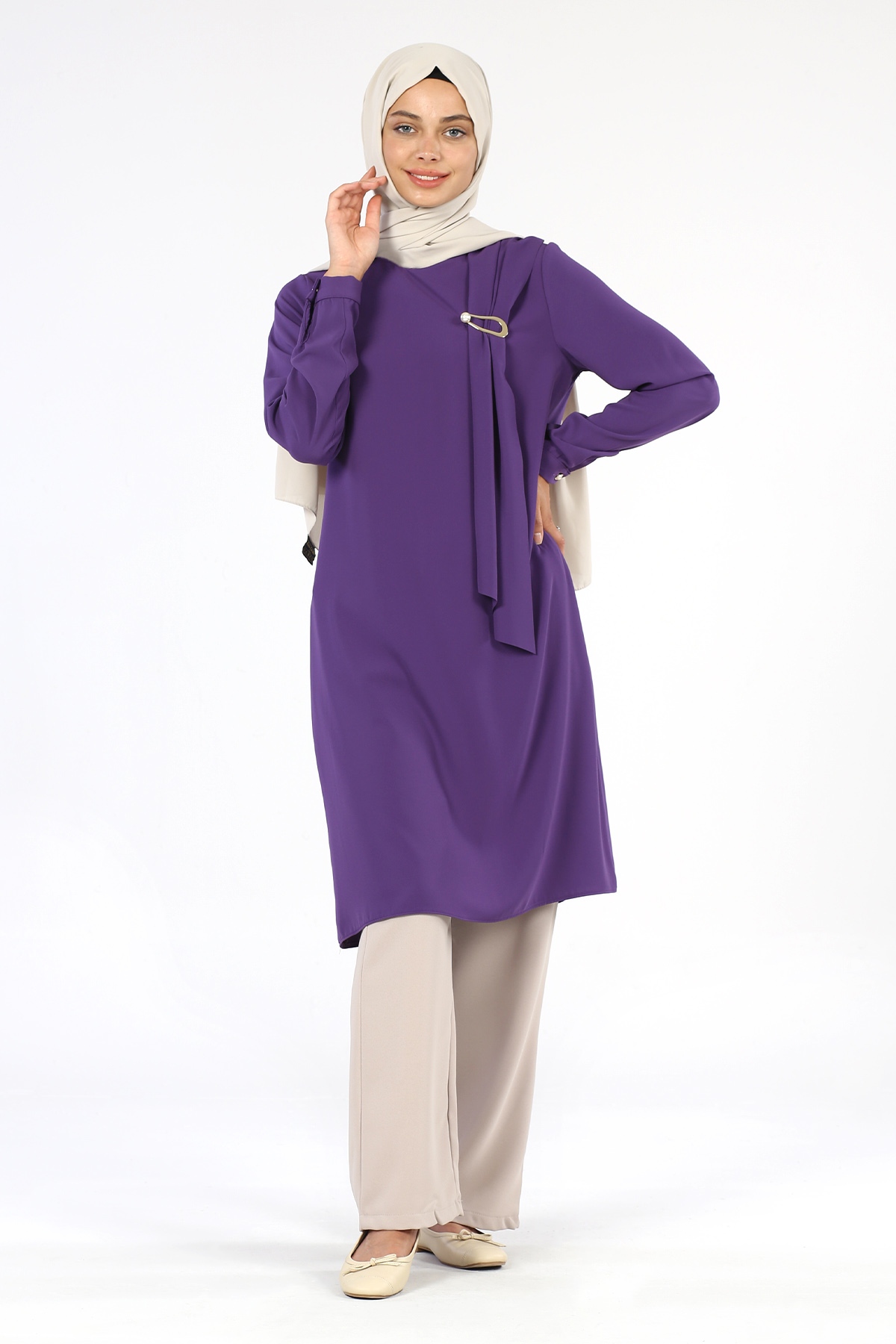 Broş Detaylı Tunik Lila - 1