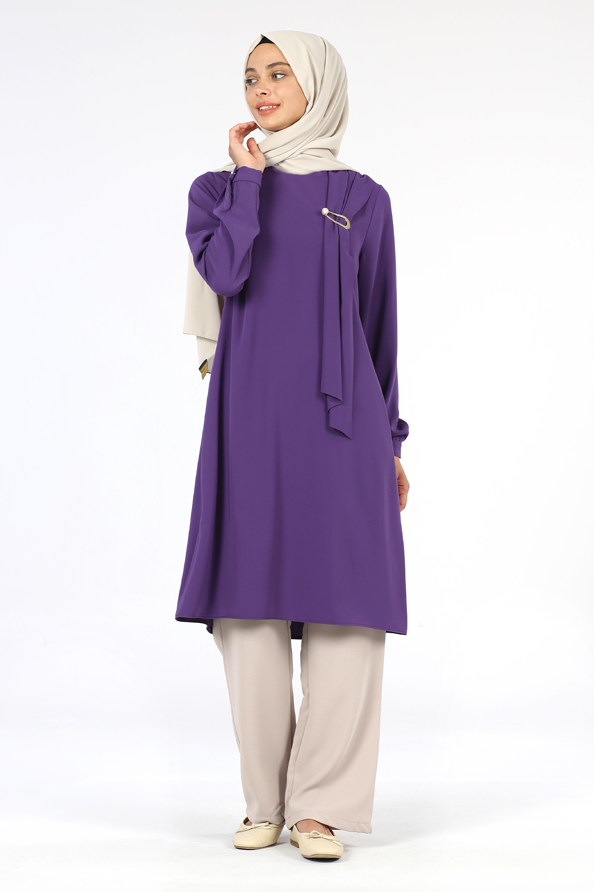 Broş Detaylı Tunik Lila - 2