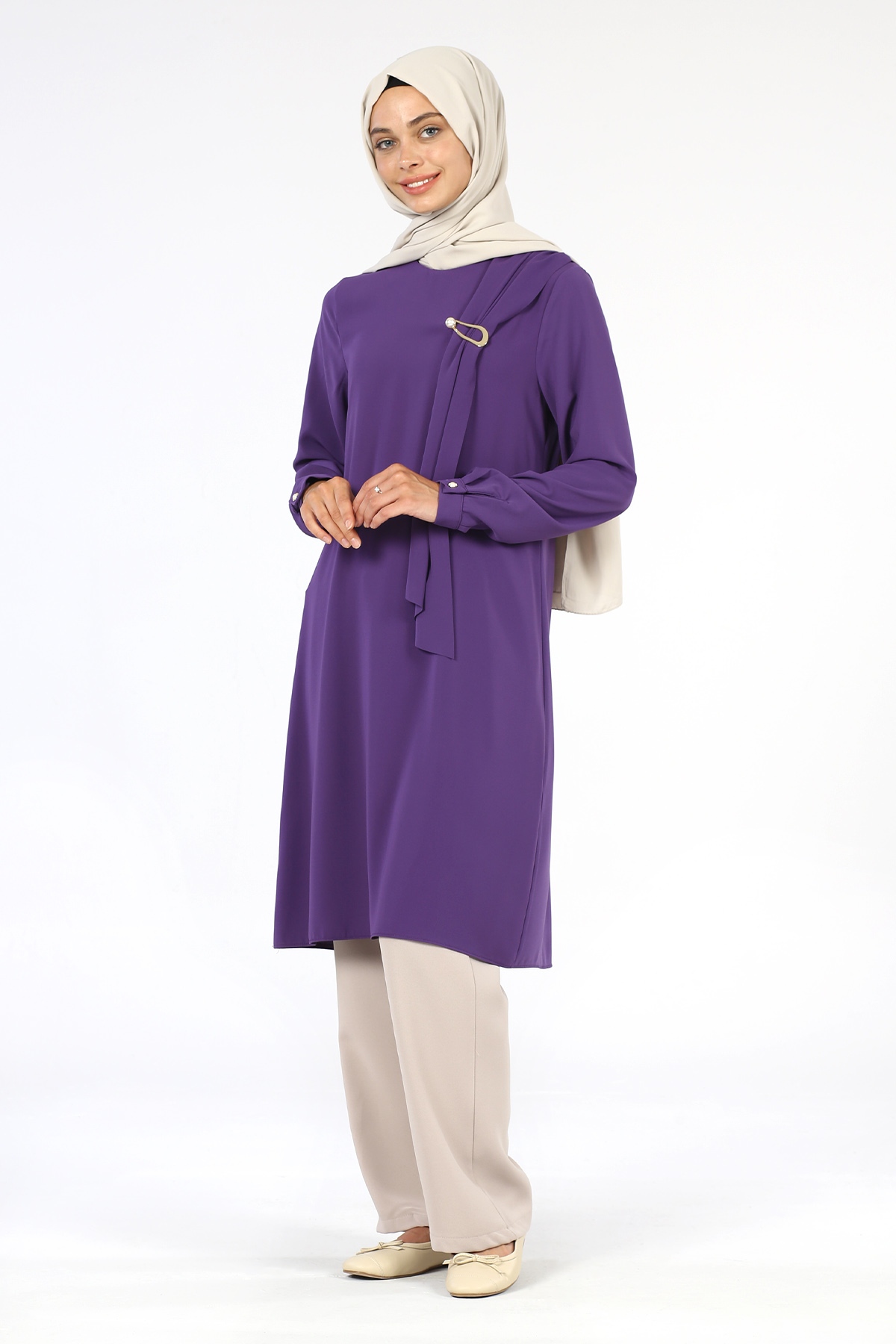 Broş Detaylı Tunik Lila - 3