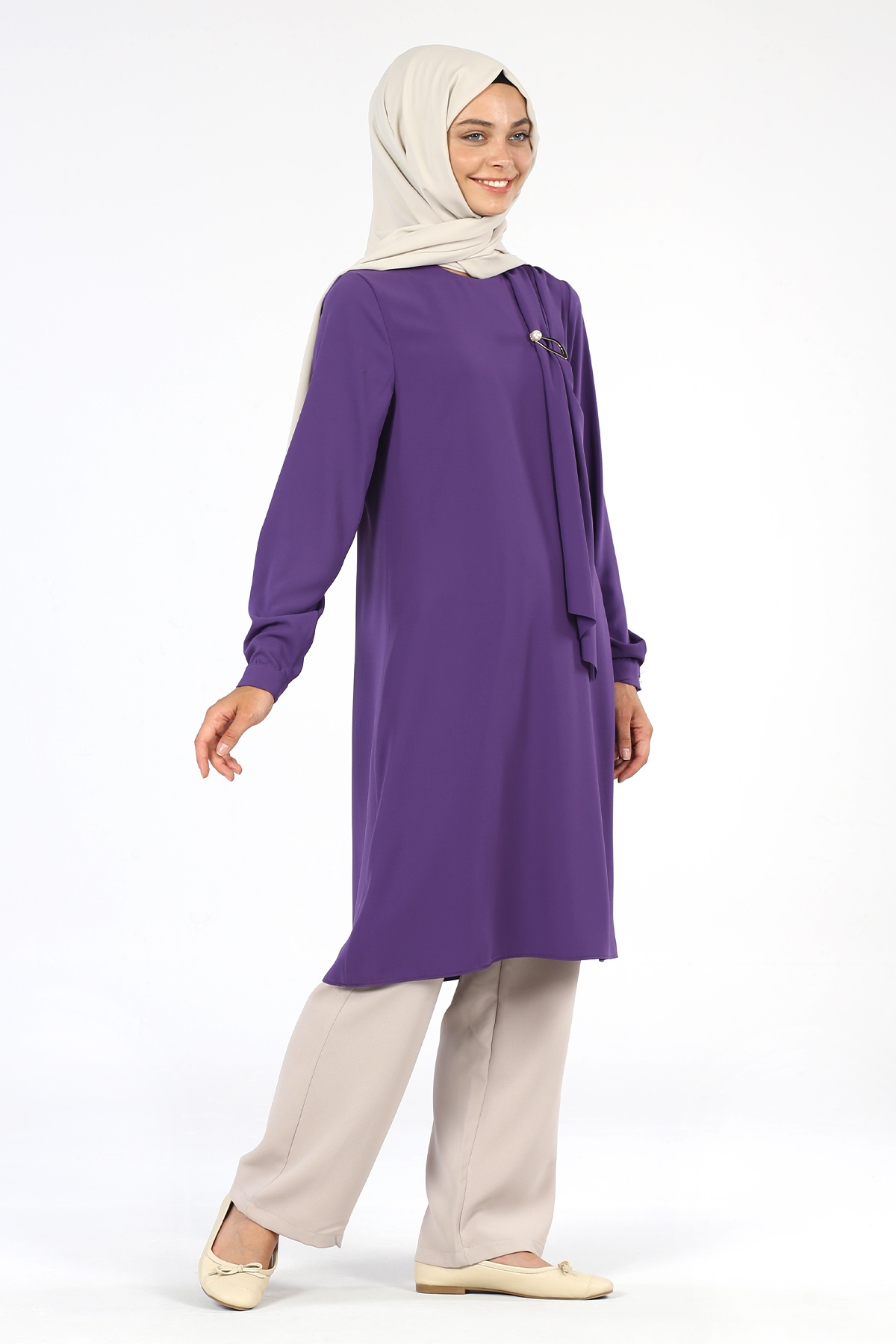 Broş Detaylı Tunik Lila - 4
