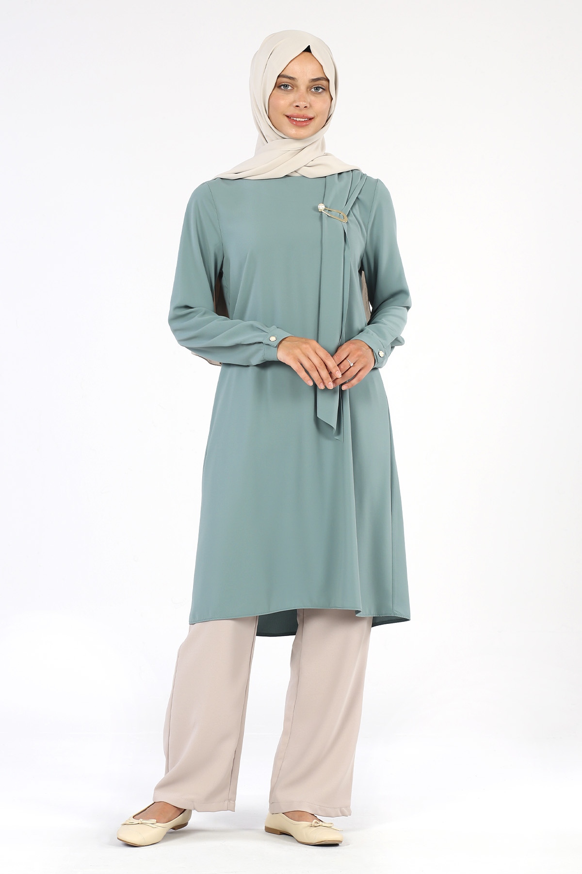 Broş Detaylı Tunik Mint - 1