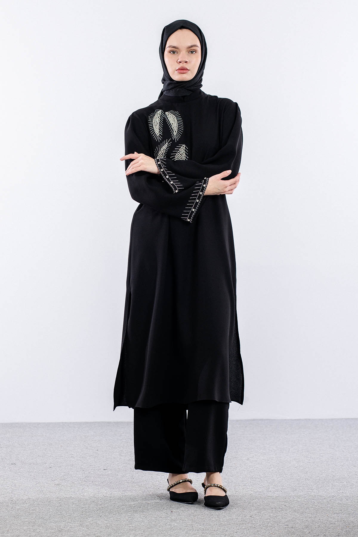 7683 Takim 42-50 Şık Yaprak Tas - Siyah - 3