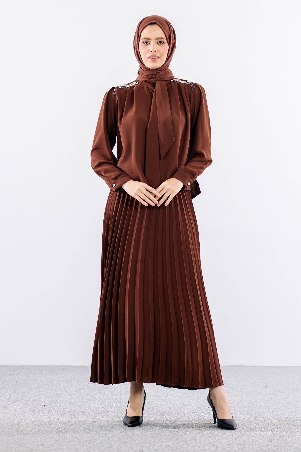 7711 E.takim 40-48 Plıse Etek - Kahve - 1