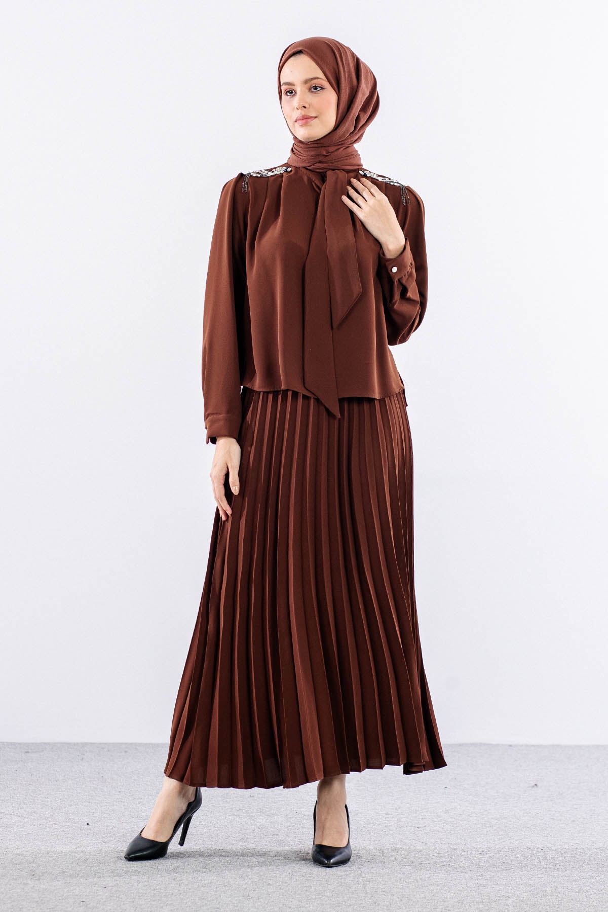 7711 E.takim 40-48 Plıse Etek - Kahve - 2