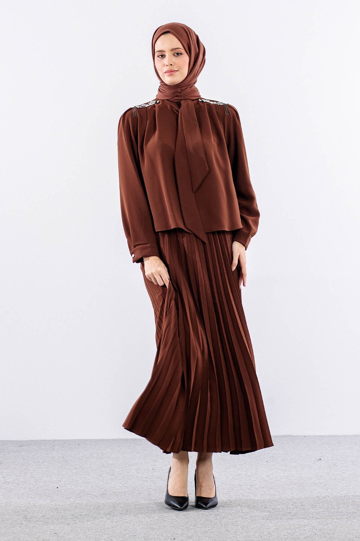 7711 E.takim 40-48 Plıse Etek - Kahve - 3