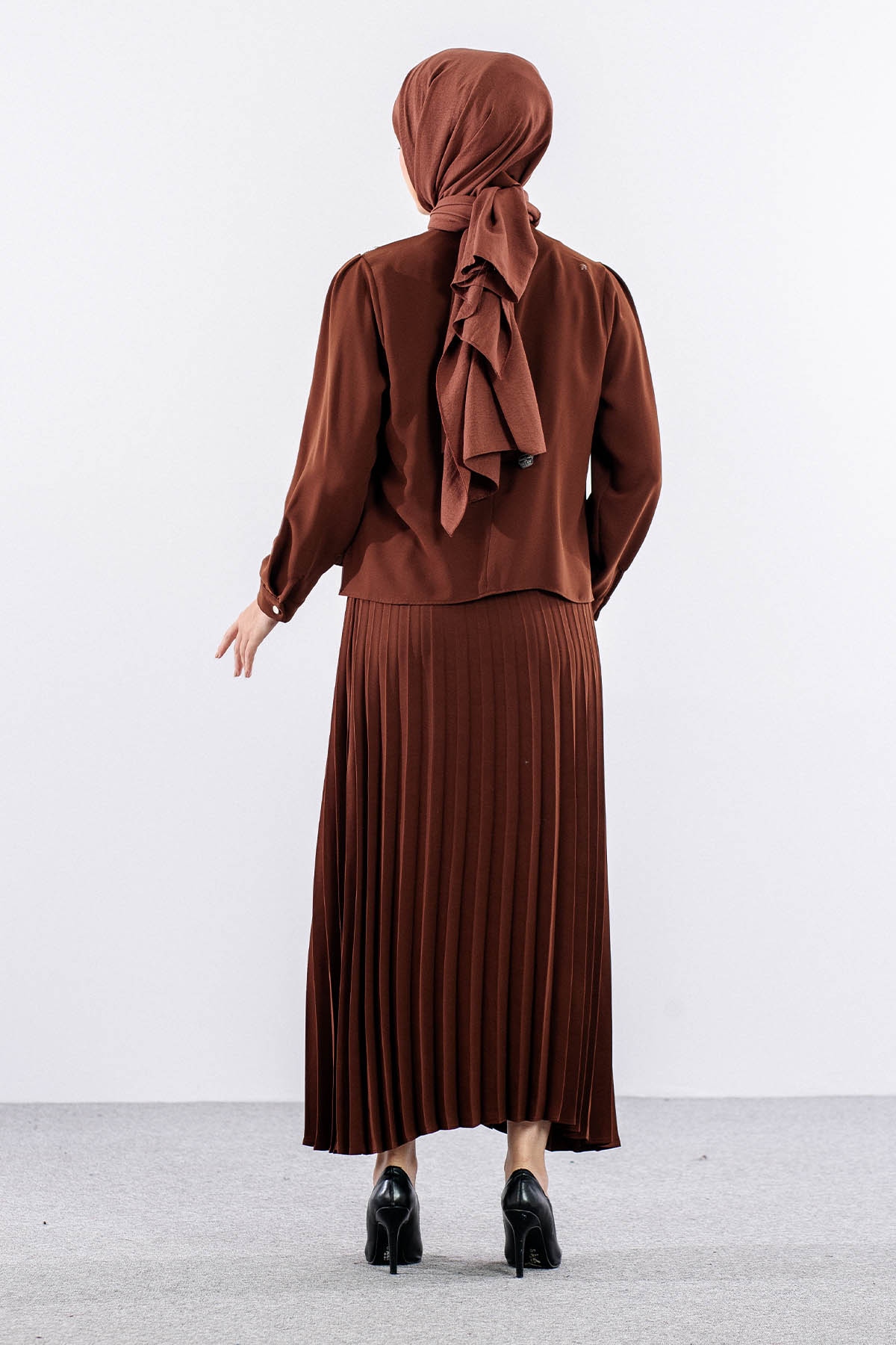 7711 E.takim 40-48 Plıse Etek - Kahve - 5