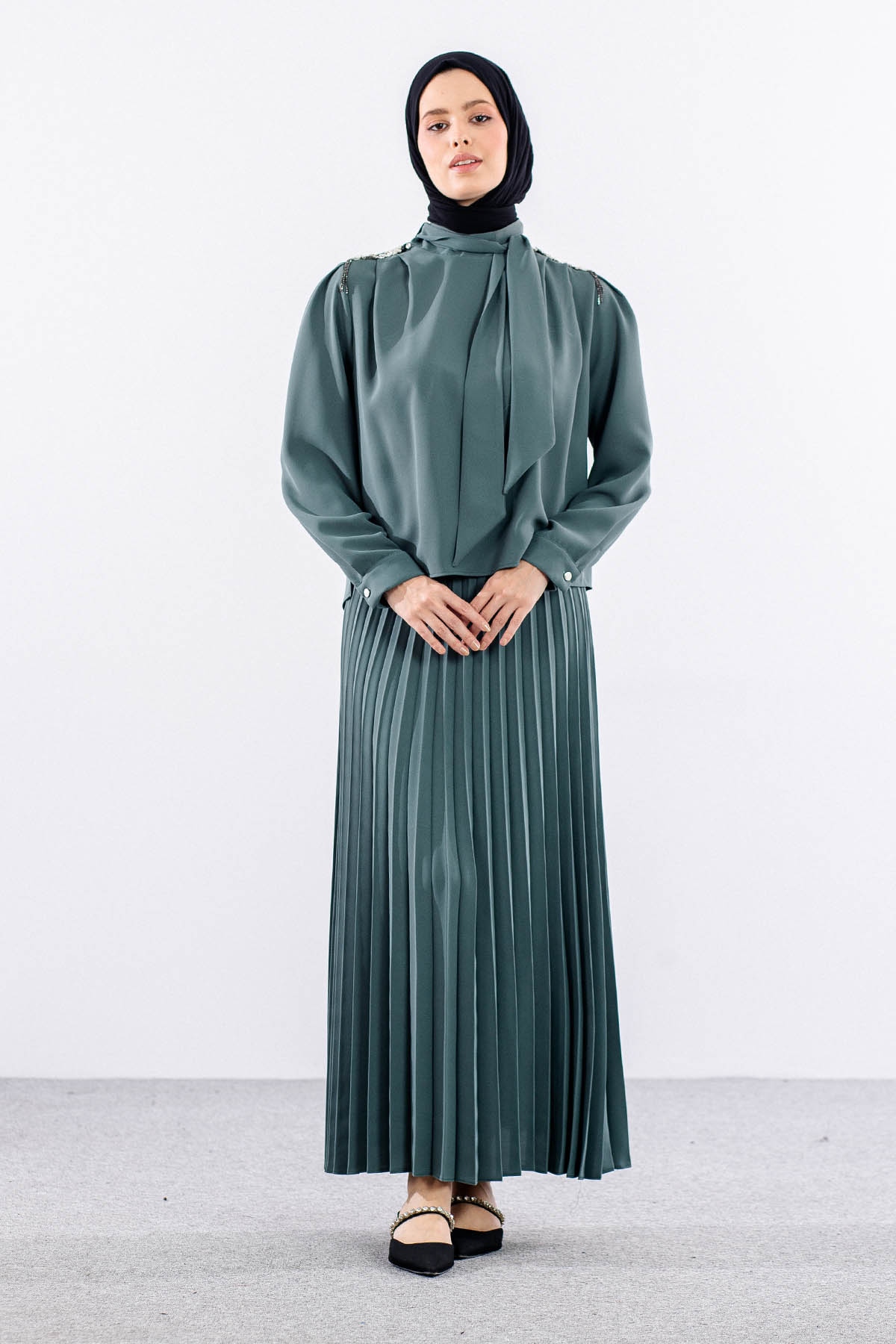 7711 E.takim 40-48 Plıse Etek - Yesil - 1