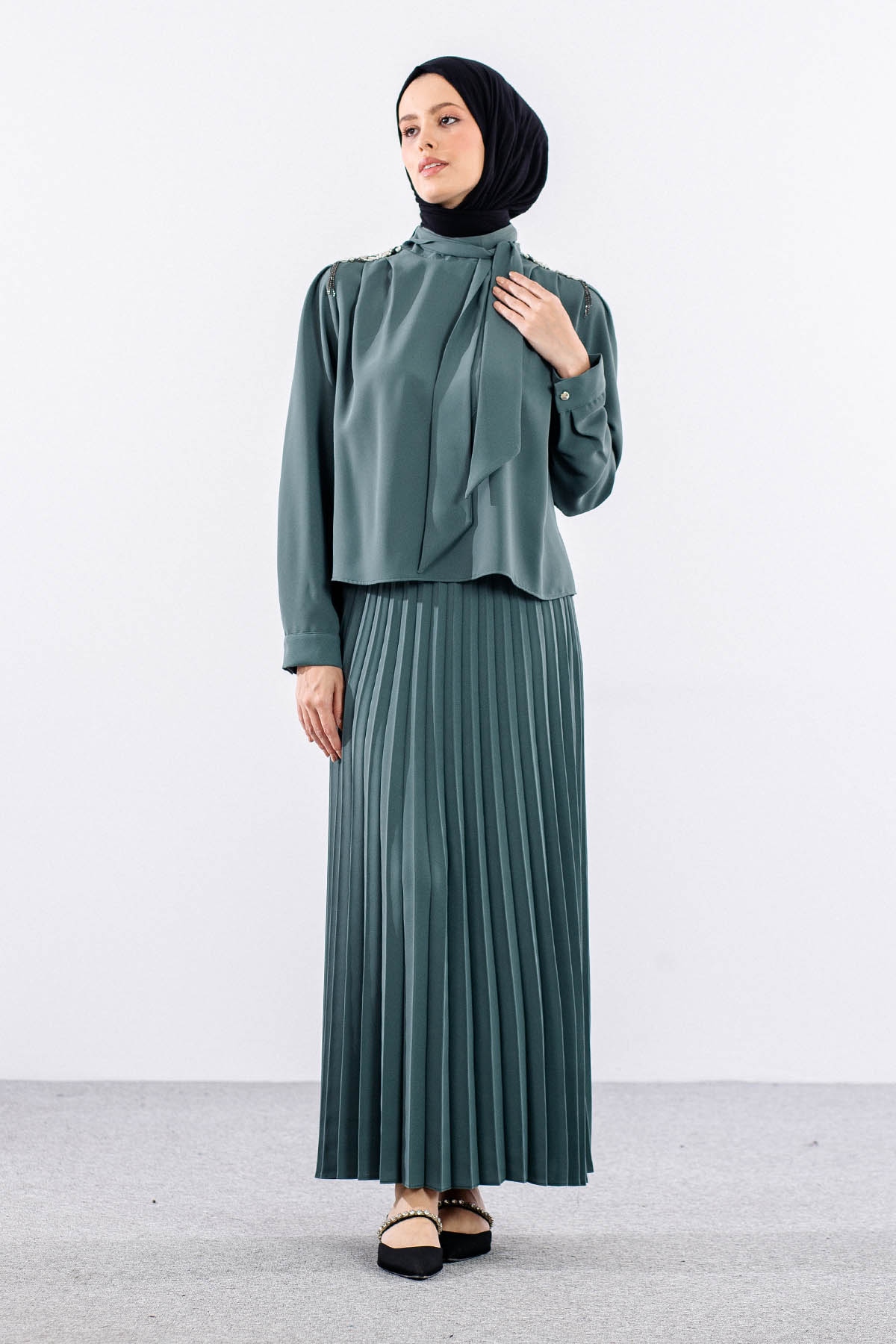 7711 E.takim 40-48 Plıse Etek - Yesil - 2