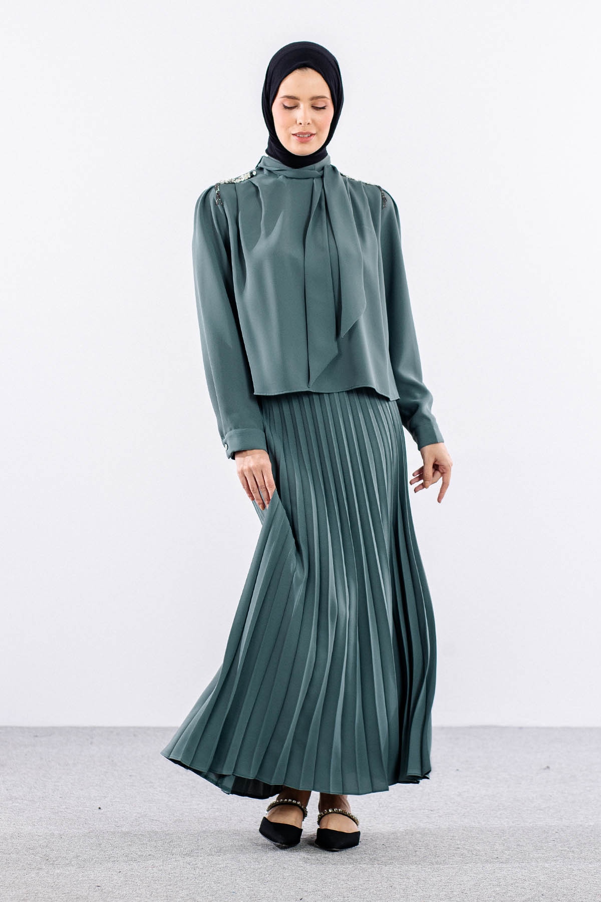 7711 E.takim 40-48 Plıse Etek - Yesil - 3