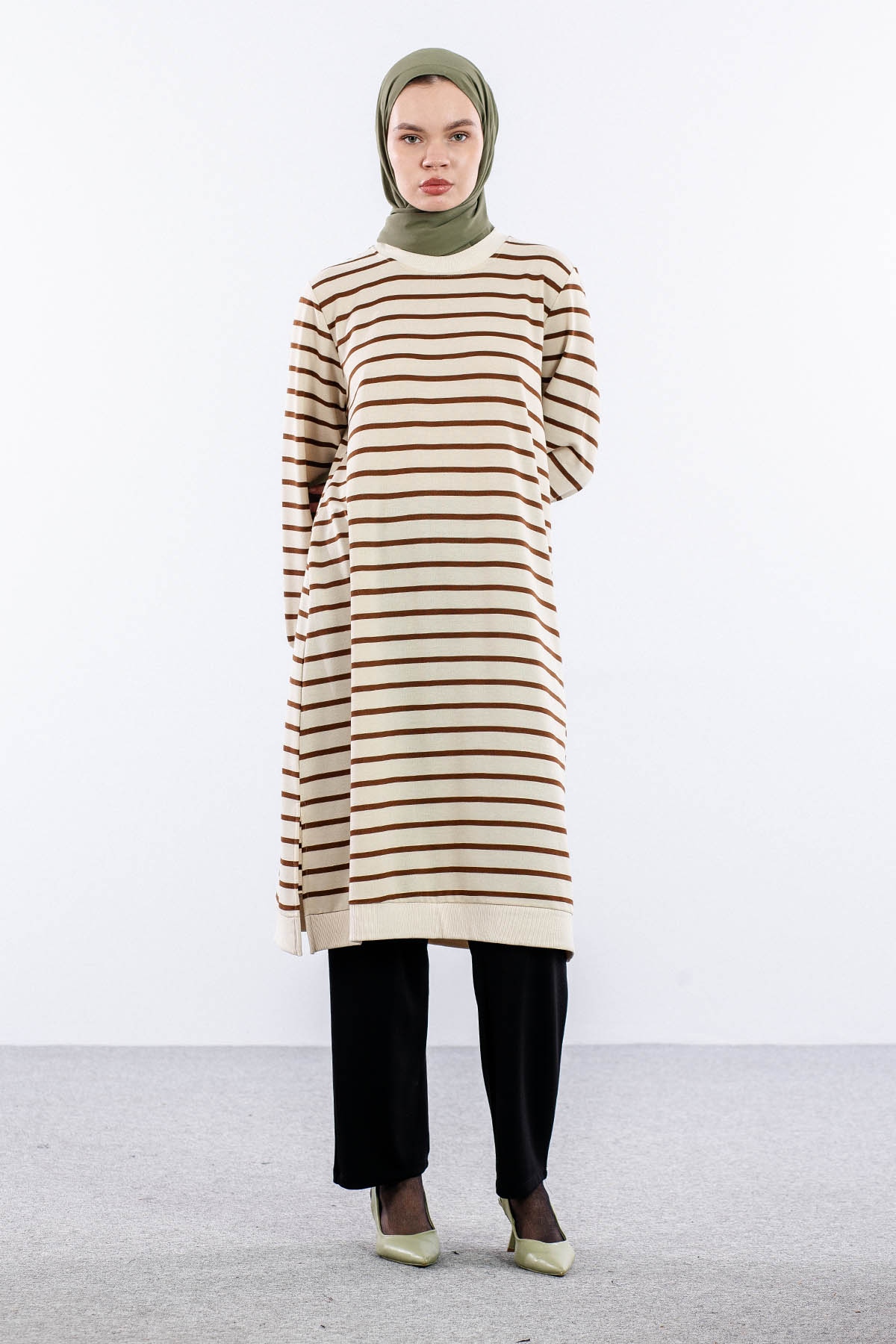 8043 Tunik 42-50 Cizgili Desen - Bej-kahve - 1