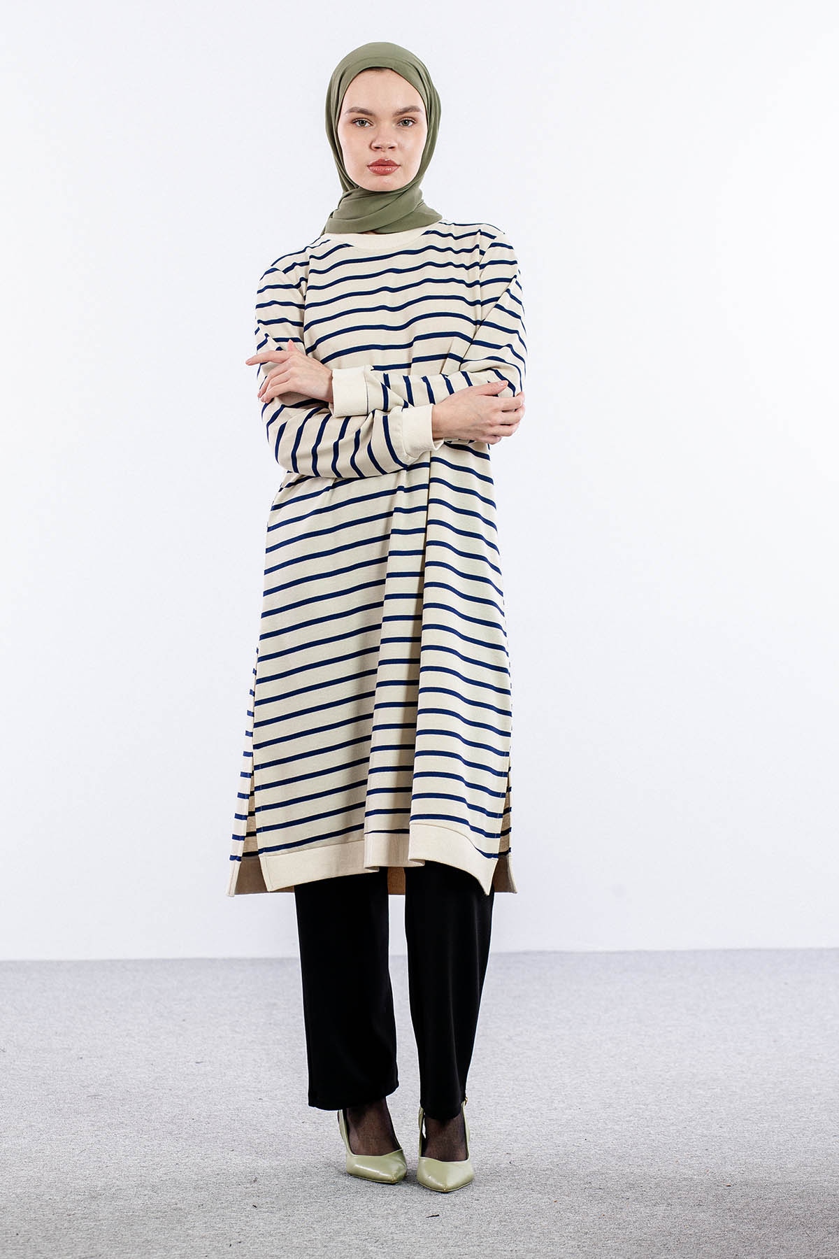 8043 Tunik 42-50 Cizgili Desen - Bej_mavi - 2