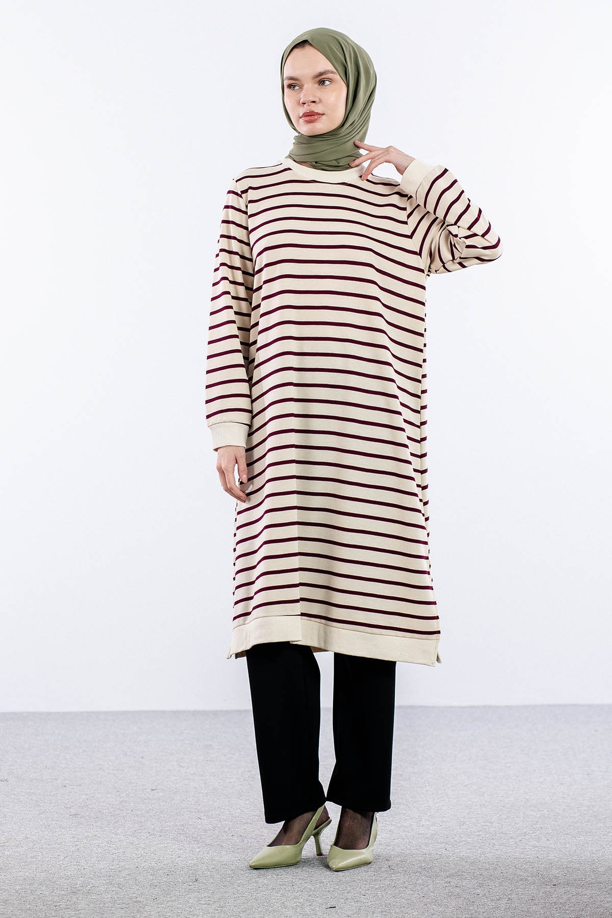 8043 Tunik 42-50 Cizgili Desen - Bej_murdum - 1