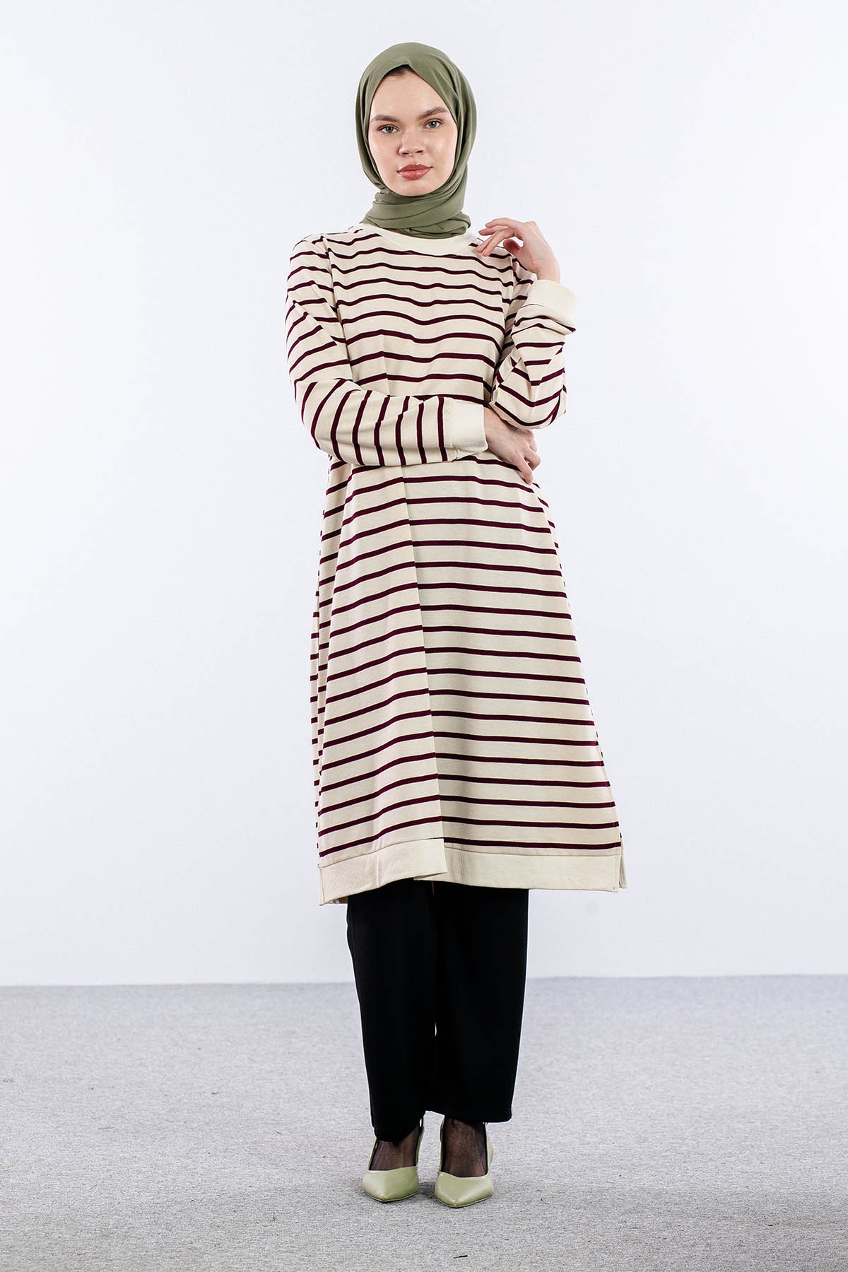 8043 Tunik 42-50 Cizgili Desen - Bej_murdum - 3