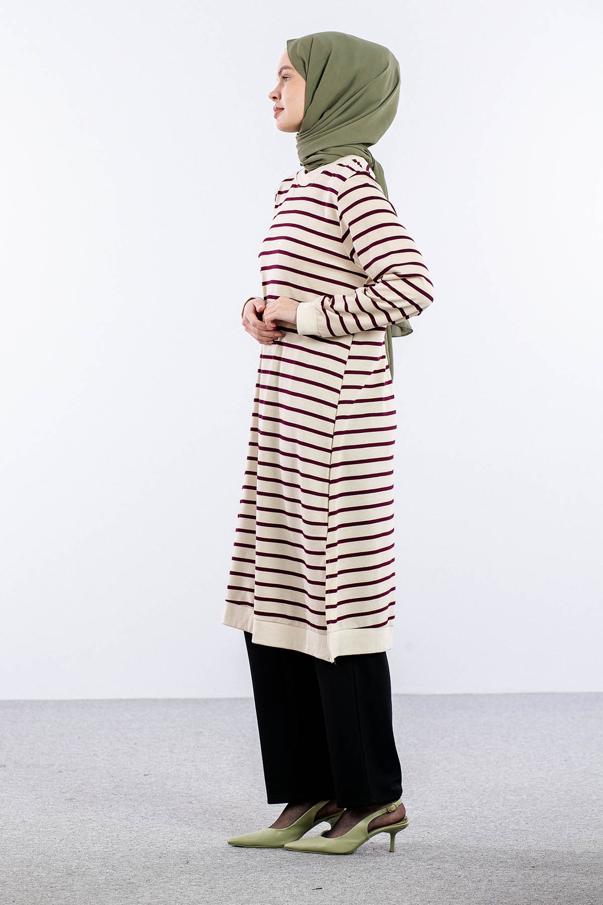 8043 Tunik 42-50 Cizgili Desen - Bej_murdum - 4