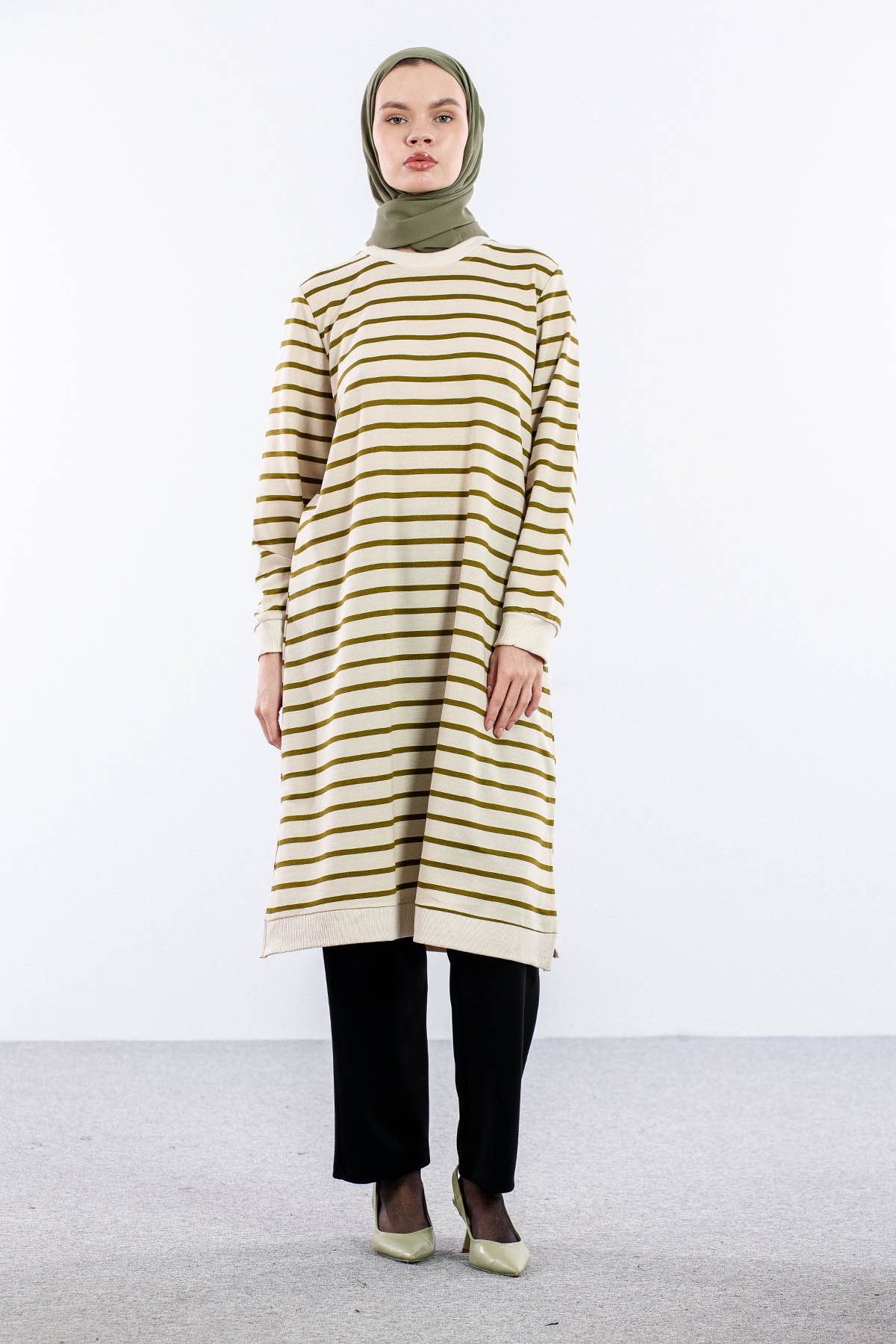 8043 Tunik 42-50 Cizgili Desen - Bej_yesil - 2