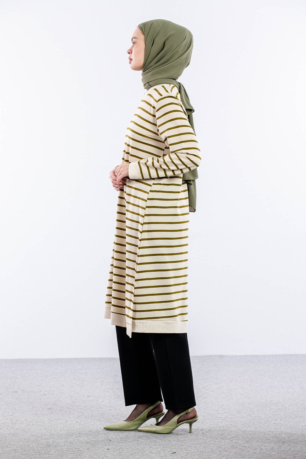 8043 Tunik 42-50 Cizgili Desen - Bej_yesil - 4