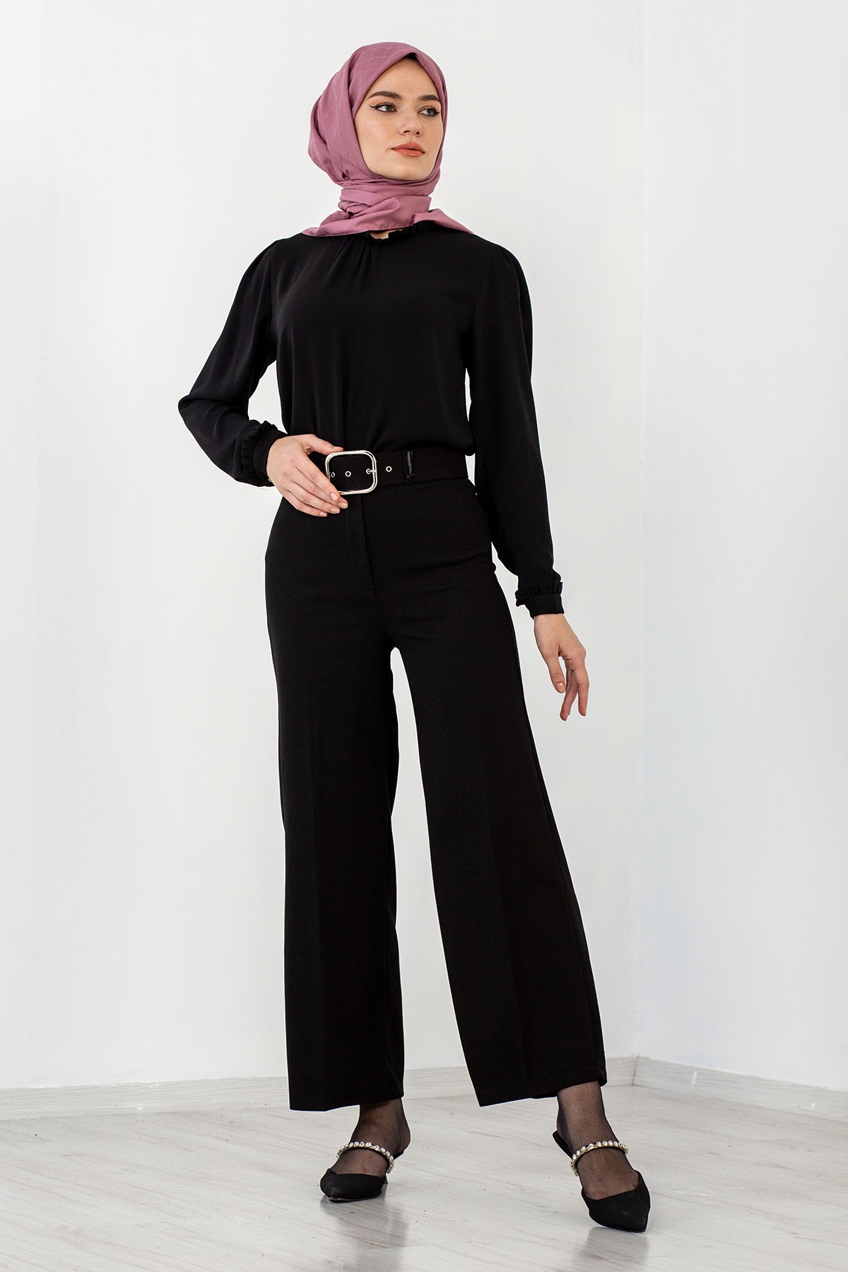 8084 Kemerli Pantolon 38-46 - Siyah - 1