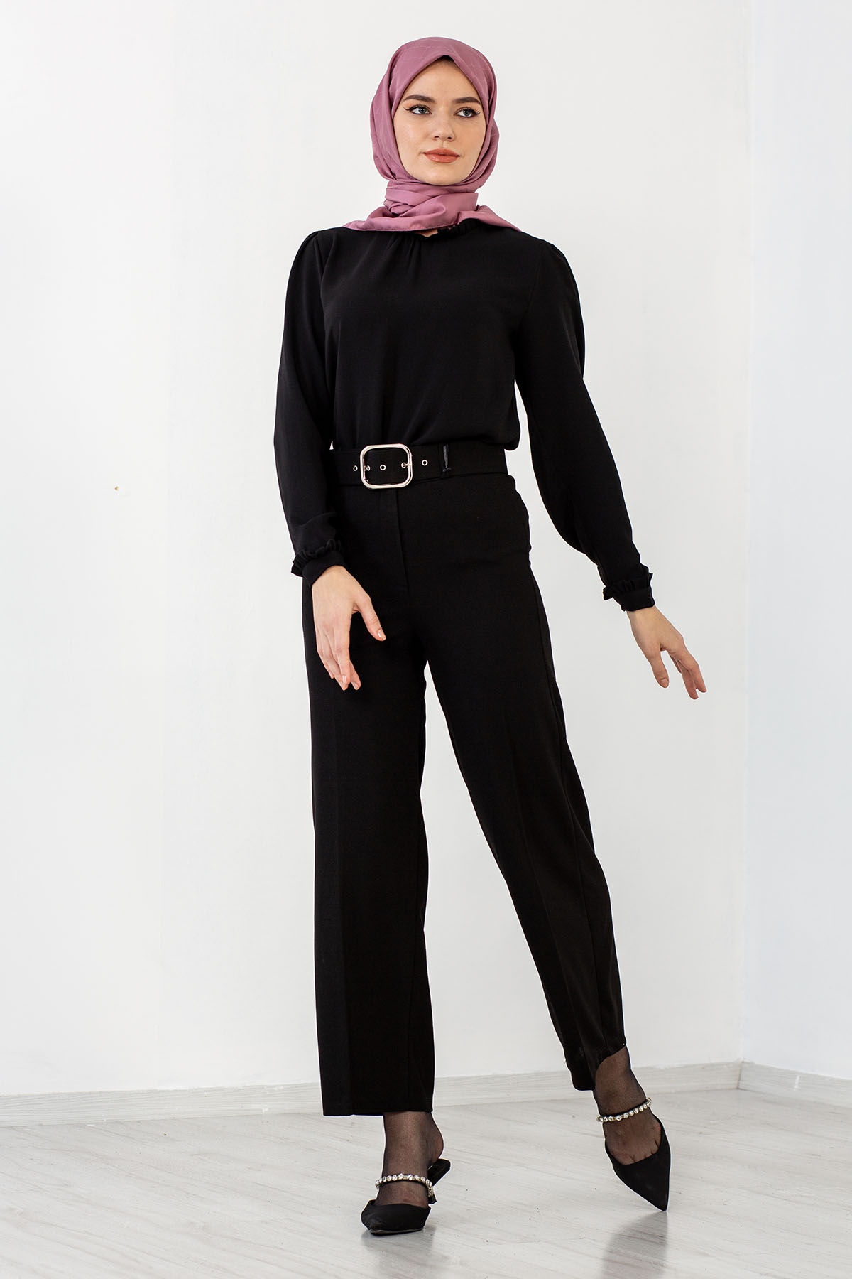 8084 Kemerli Pantolon 38-46 - Siyah - 2