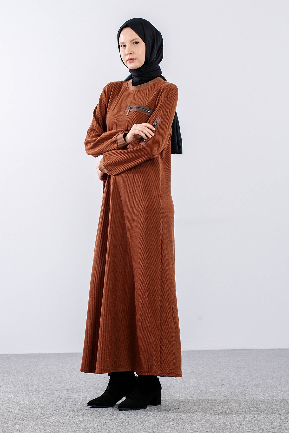 8191 Elbise 3-4-5-6 Triko Kumas - Taba - 3