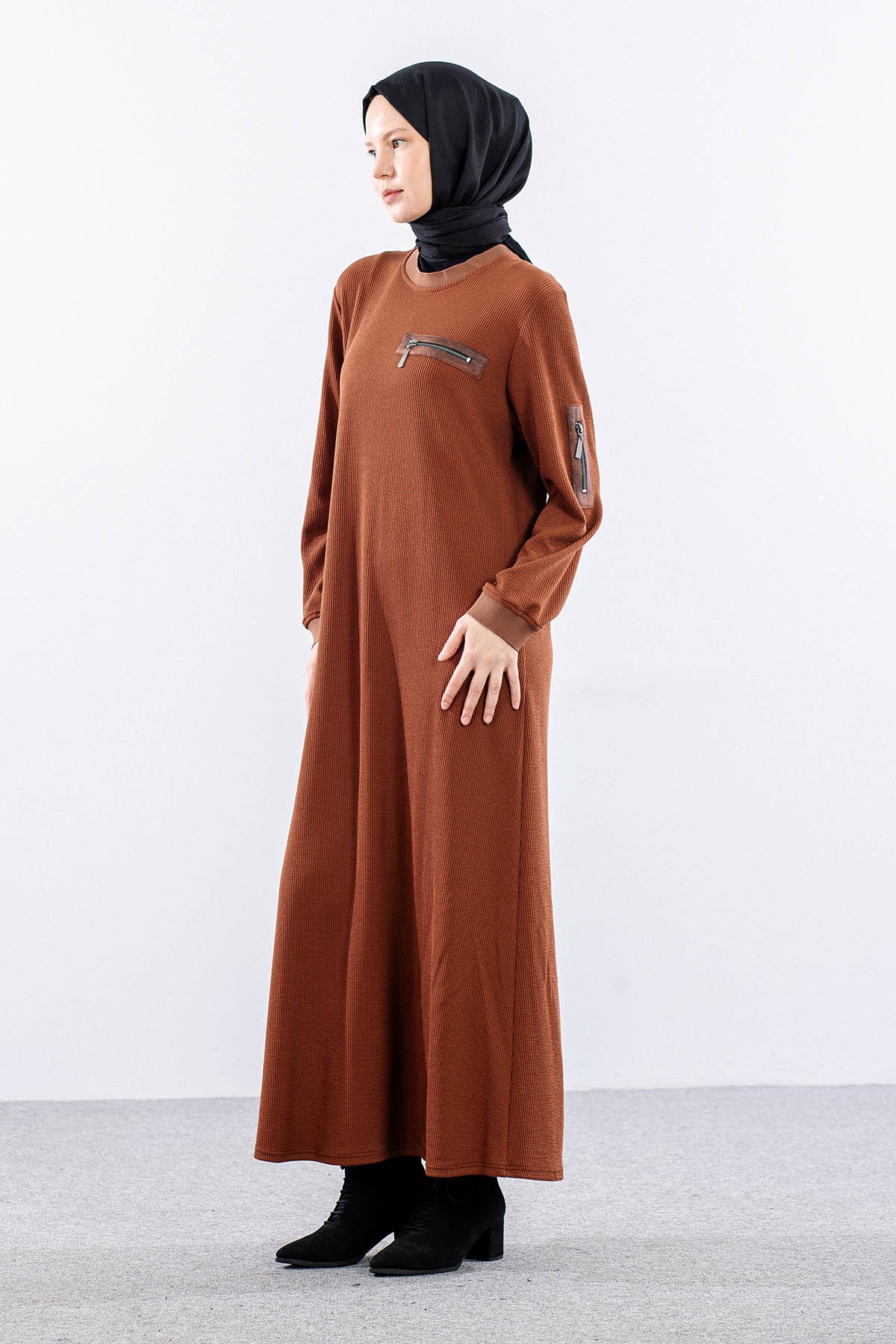 8191 Elbise 3-4-5-6 Triko Kumas - Taba - 4