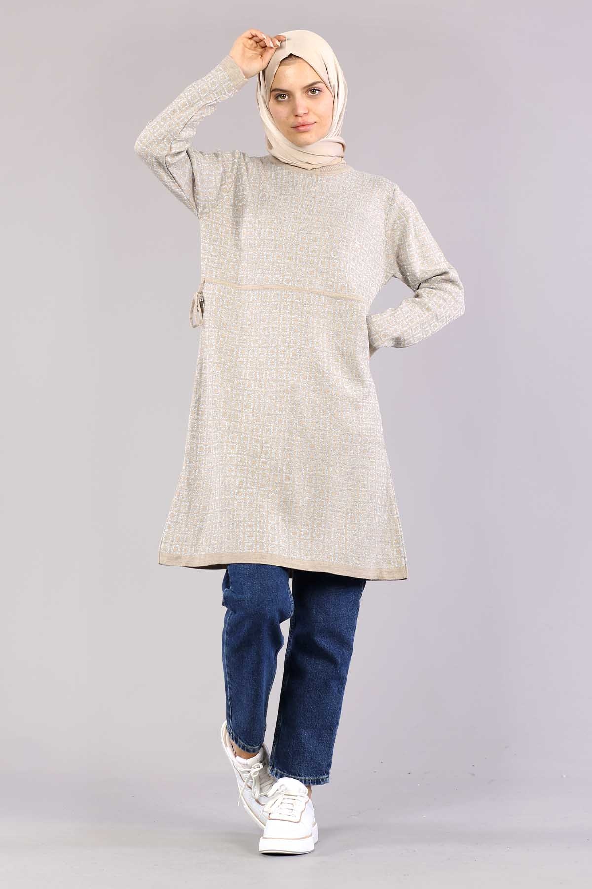 8206 örme Tunik Tek Kare - Bej - 1
