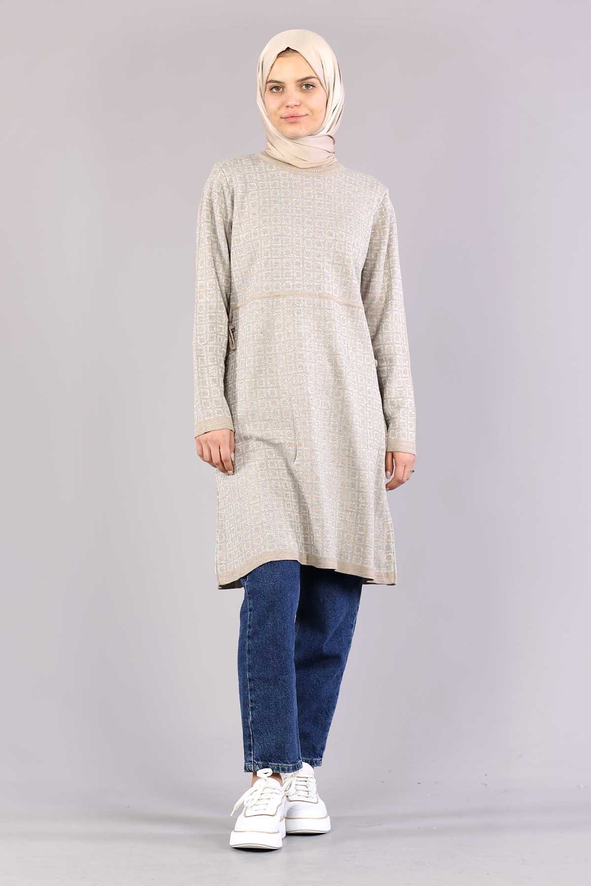 8206 örme Tunik Tek Kare - Bej - 2