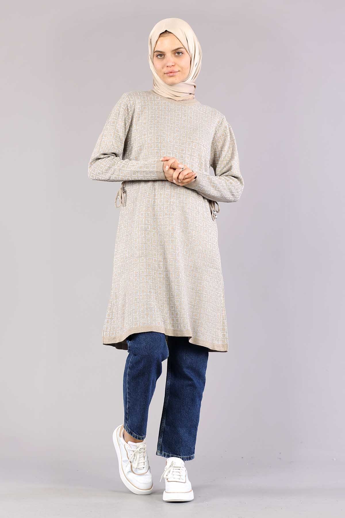 8206 örme Tunik Tek Kare - Bej - 3