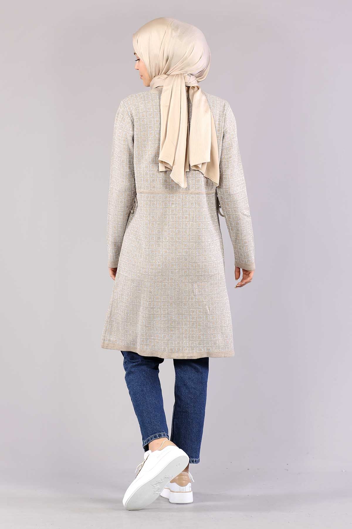 8206 örme Tunik Tek Kare - Bej - 5