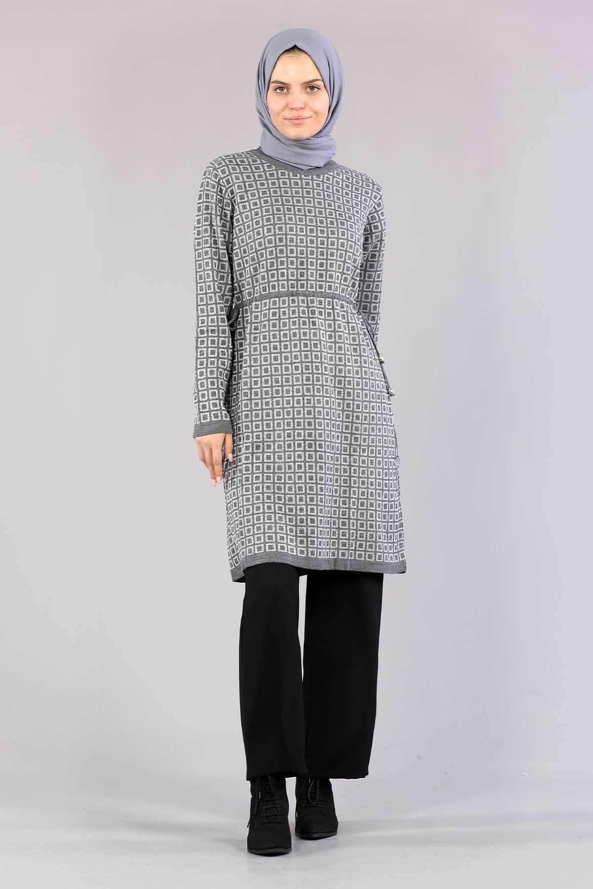 8206 örme Tunik Tek Kare - Gri - 1