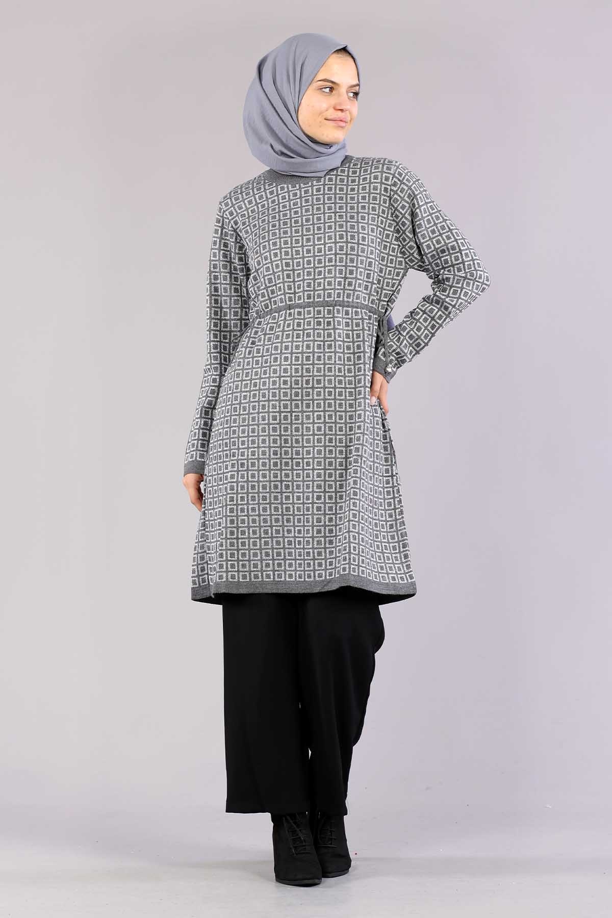 8206 örme Tunik Tek Kare - Gri - 2