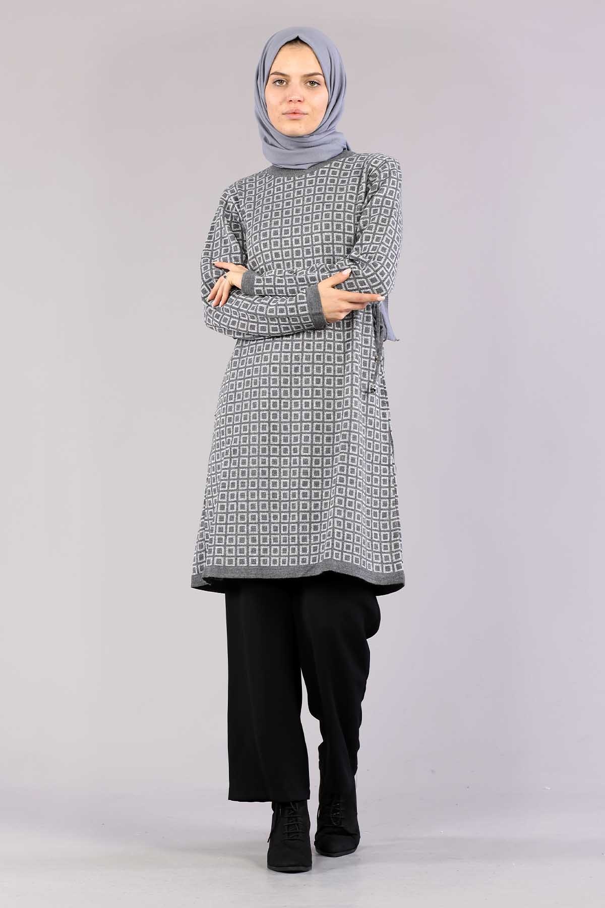 8206 örme Tunik Tek Kare - Gri - 3