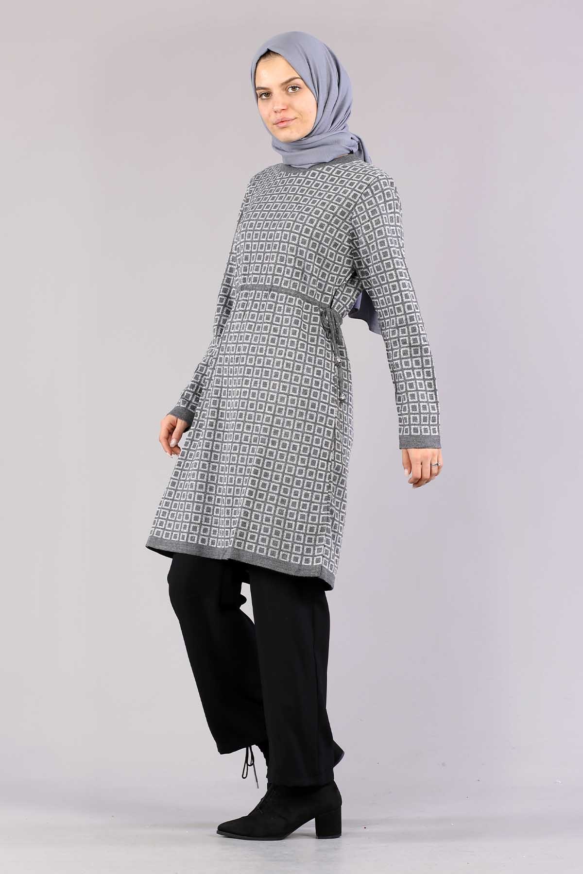 8206 örme Tunik Tek Kare - Gri - 4