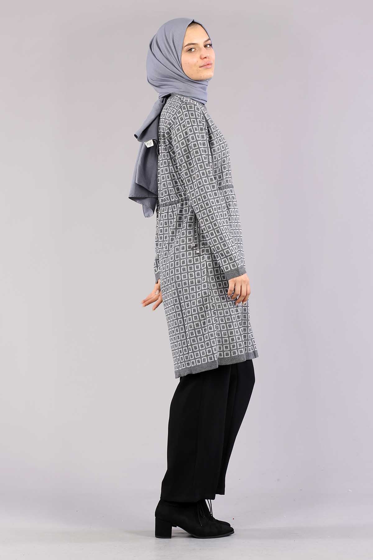 8206 örme Tunik Tek Kare - Gri - 5