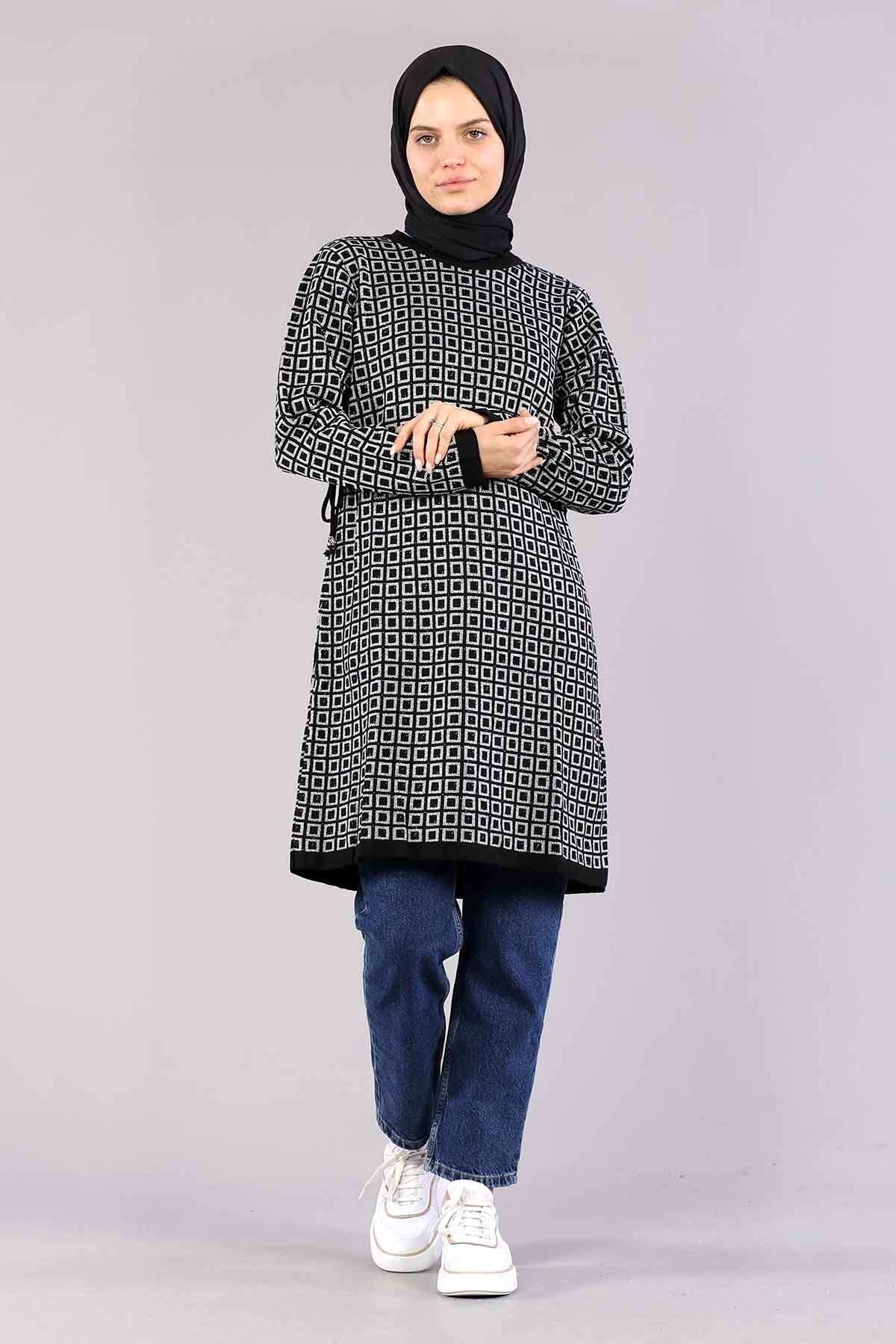 8206 örme Tunik Tek Kare - Siyah_gumus - 1