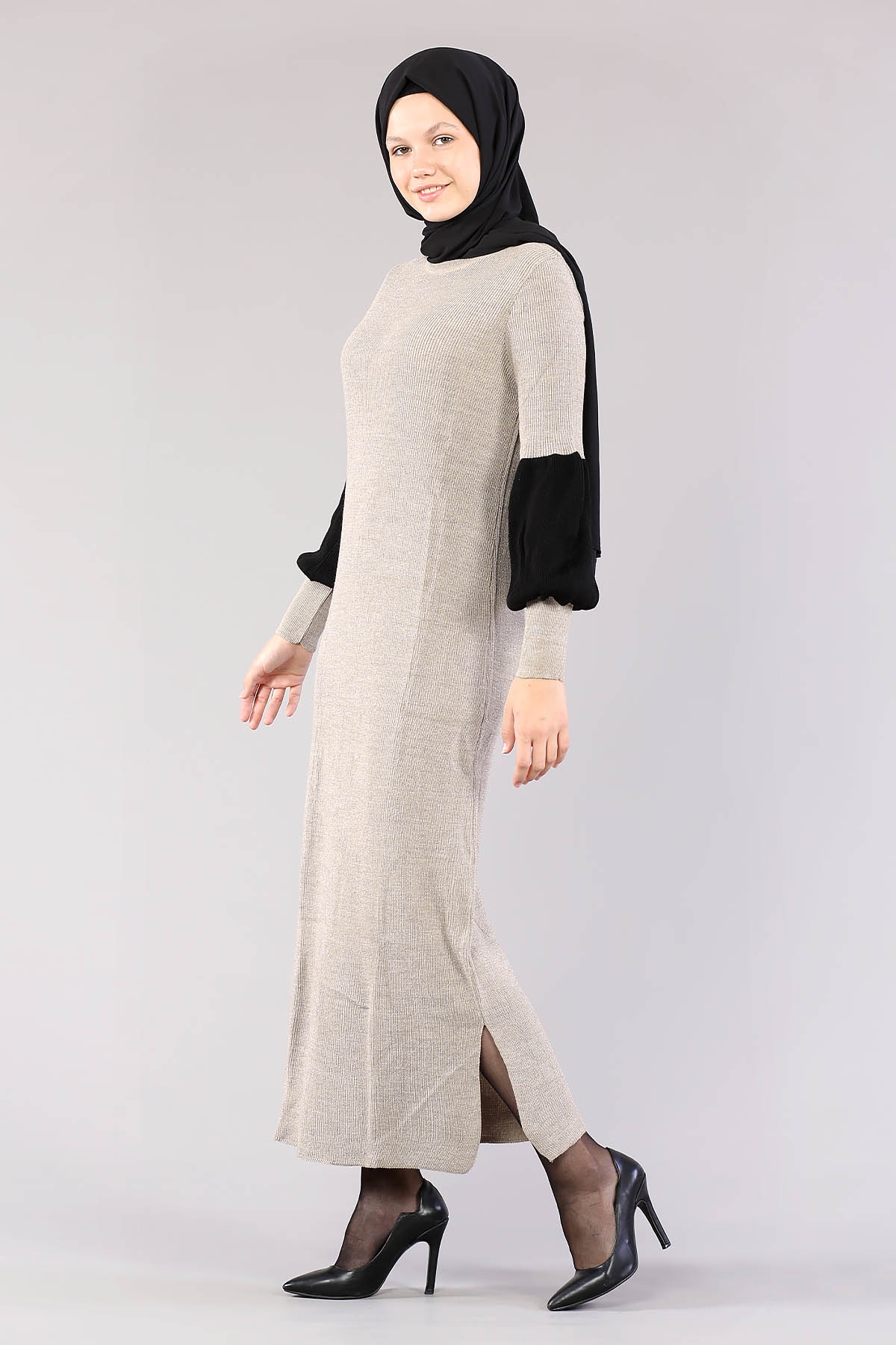 8291 Balon Kol Elbise Tek - Bej - 2