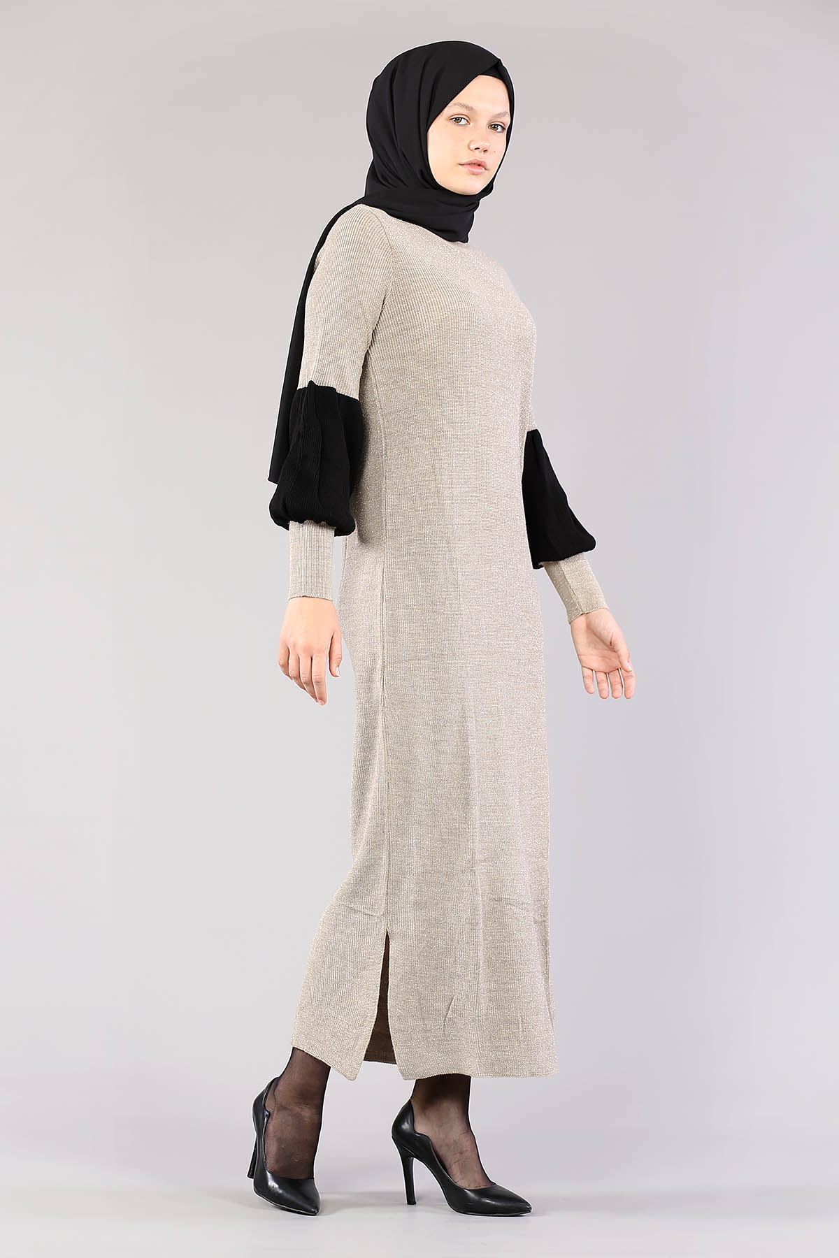 8291 Balon Kol Elbise Tek - Bej - 3