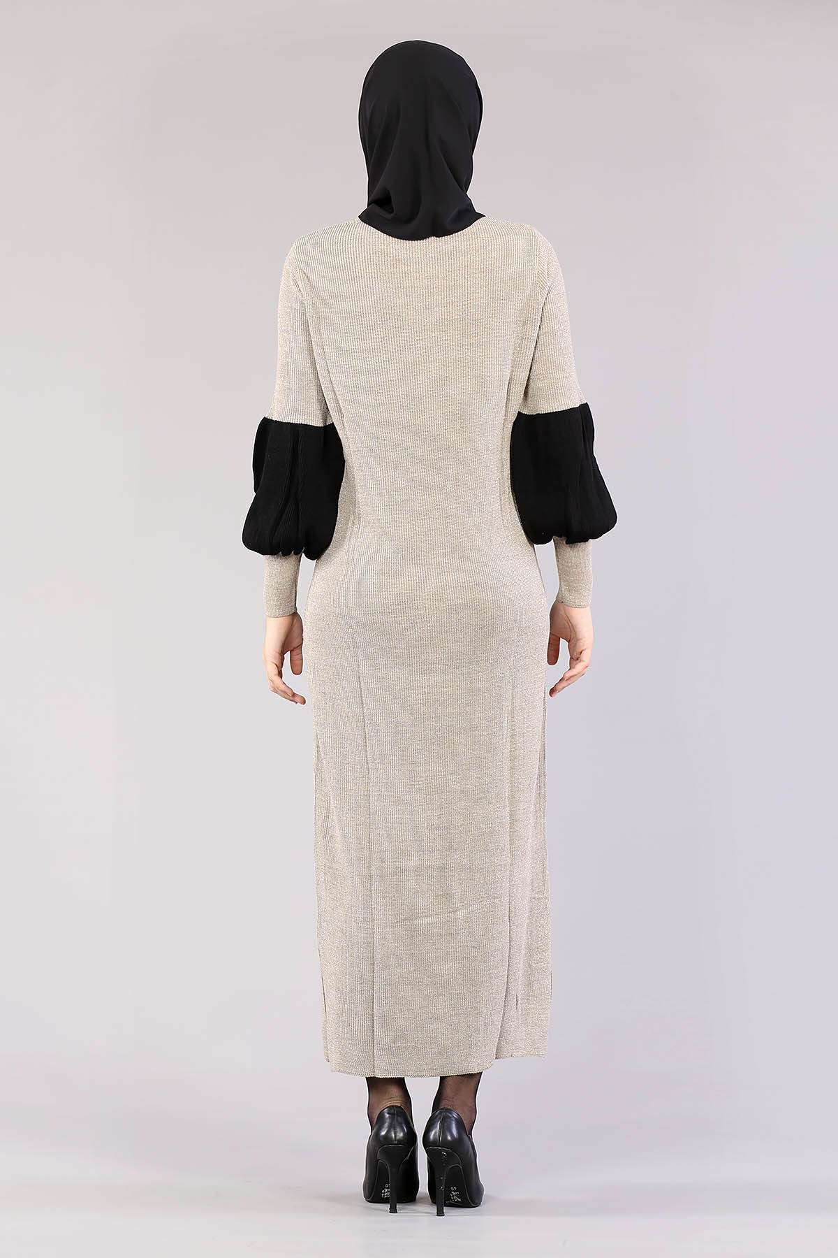 8291 Balon Kol Elbise Tek - Bej - 4