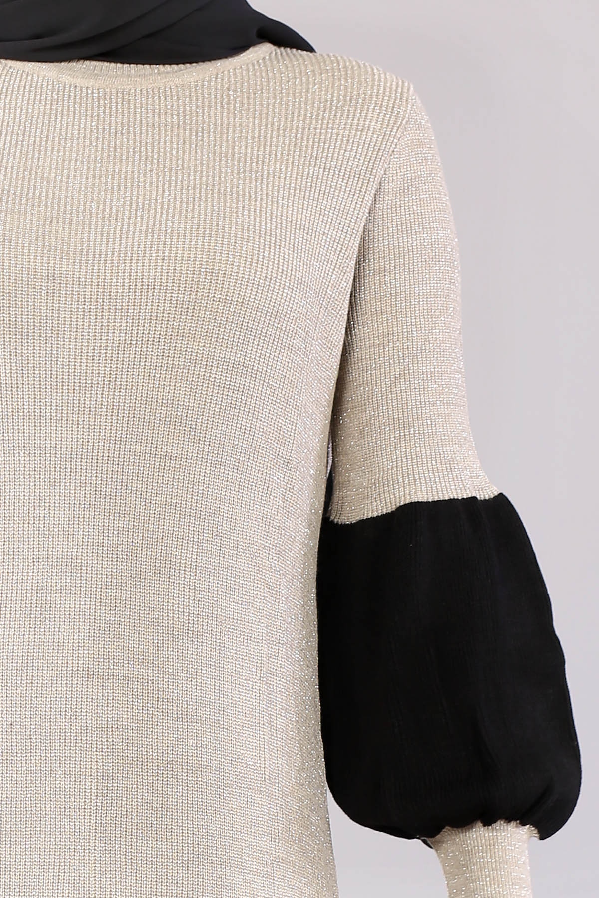 8291 Balon Kol Elbise Tek - Bej - 5