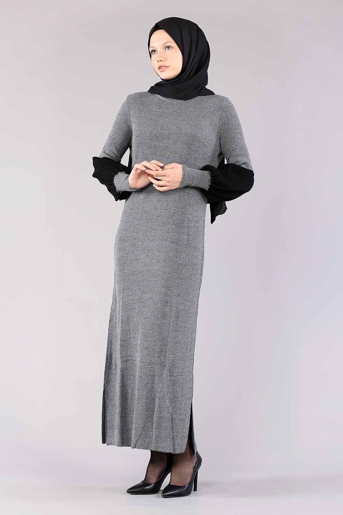 8291 Balon Kol Elbise Tek - Gri - 1