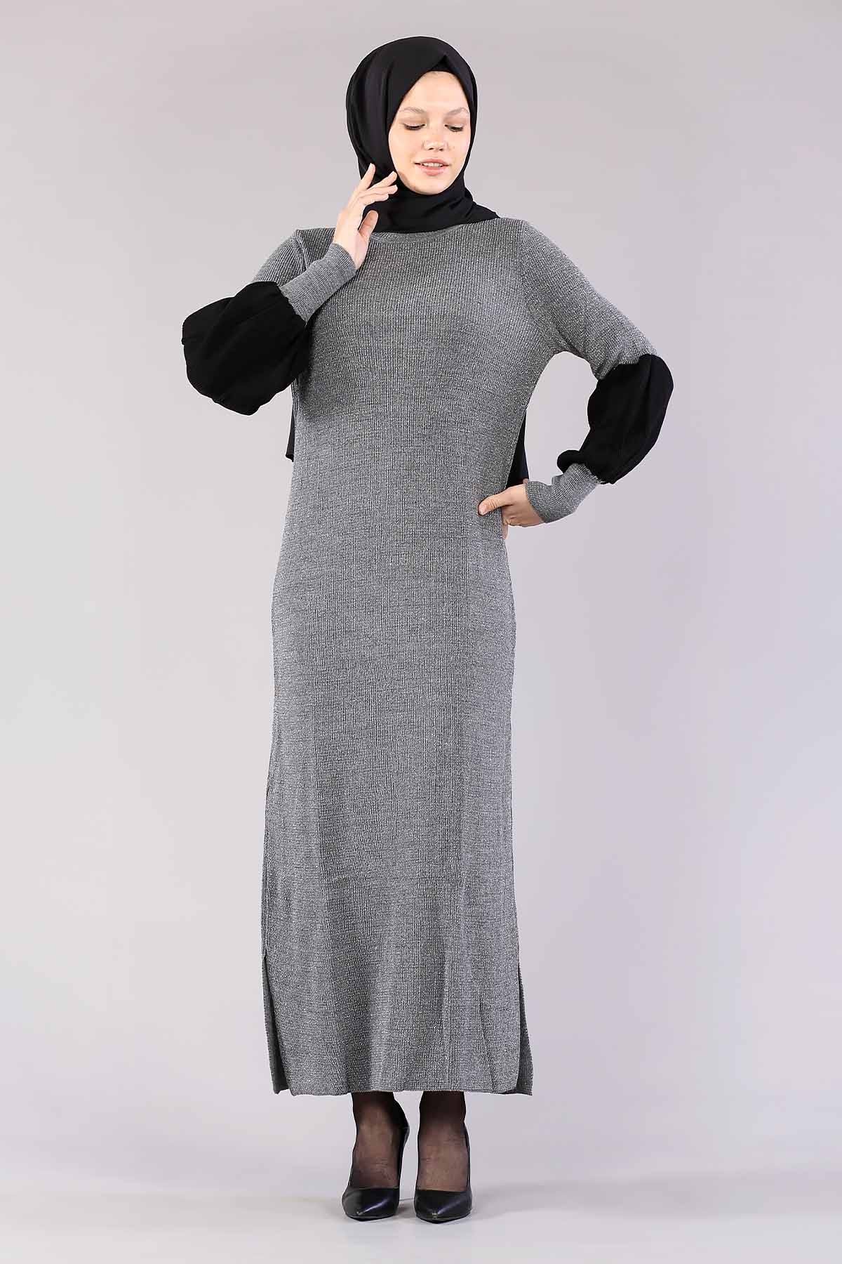 8291 Balon Kol Elbise Tek - Gri - 2