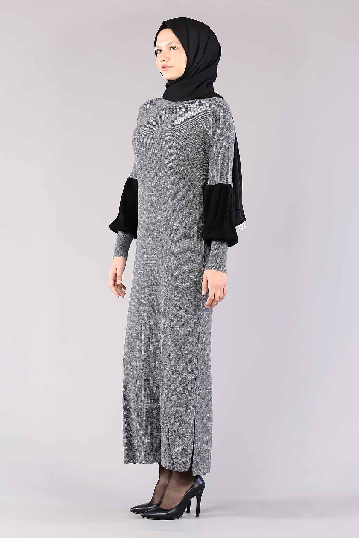 8291 Balon Kol Elbise Tek - Gri - 3